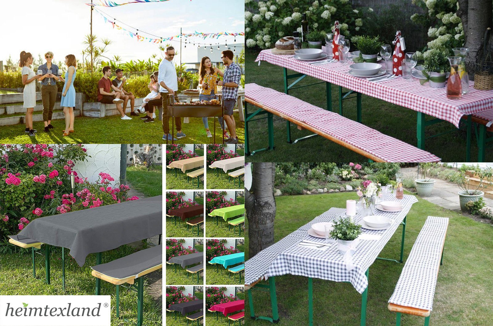 heimtexland Hussen-Set Bierzeltgarnitur Husse 3-teilig Garten Tischdeko, 2 Bierbankhussen und 1 Biertischhusse, Deko-Set Hochzeit Gartenparty – Bild 4 von 4