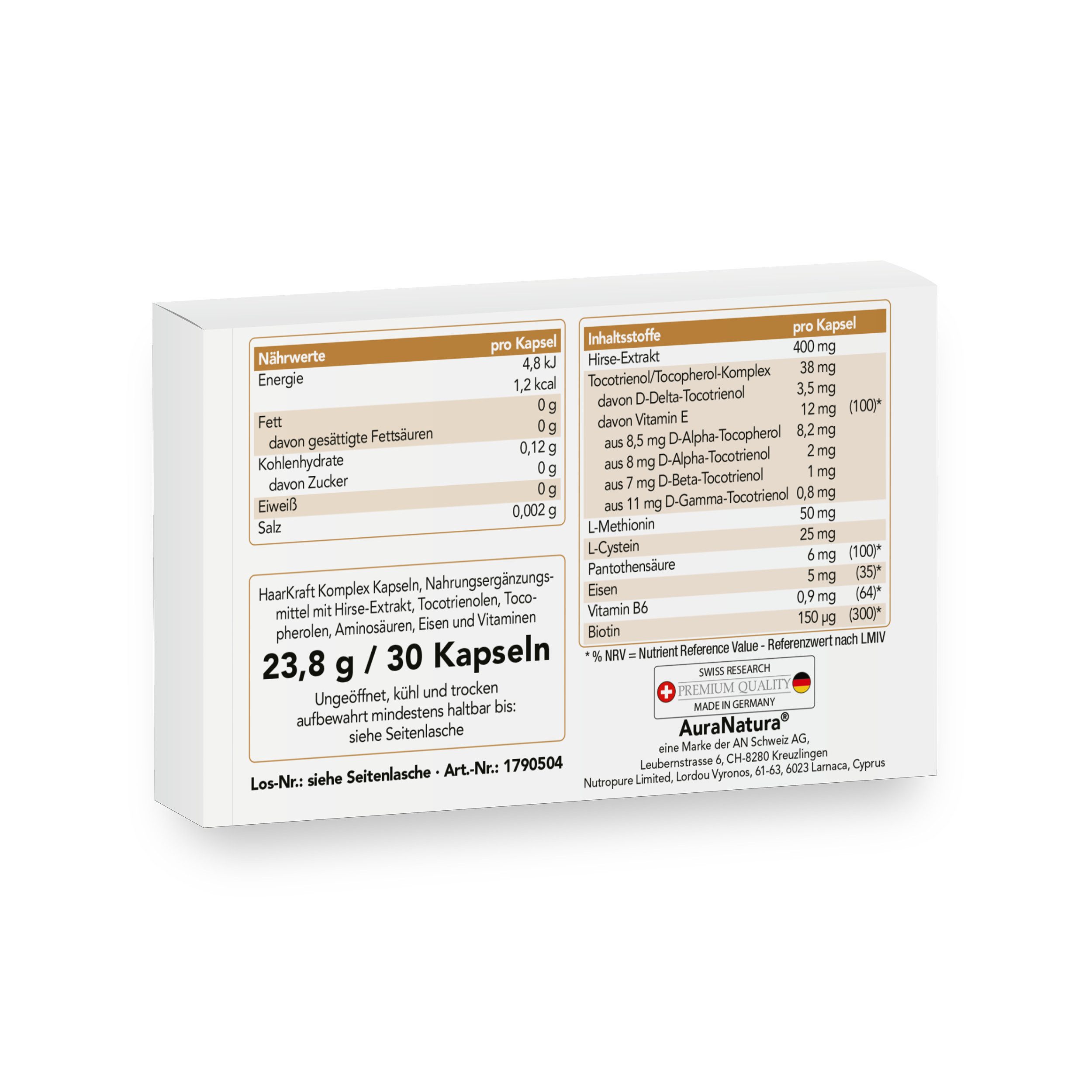 Aura Natura HaarKraft Komplex, Hirse-Extrakt, Biotin & Vitamin B5, B6 und E Kapseln, 1 er 30 St., Angereichert mit Aminosäuren und Eisen