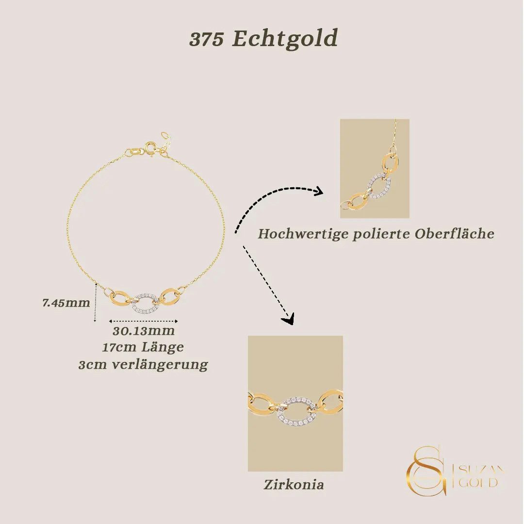 Suzan Gold Charm-Armband 375 Echtgold Linkora Zirkonia-Verbindung