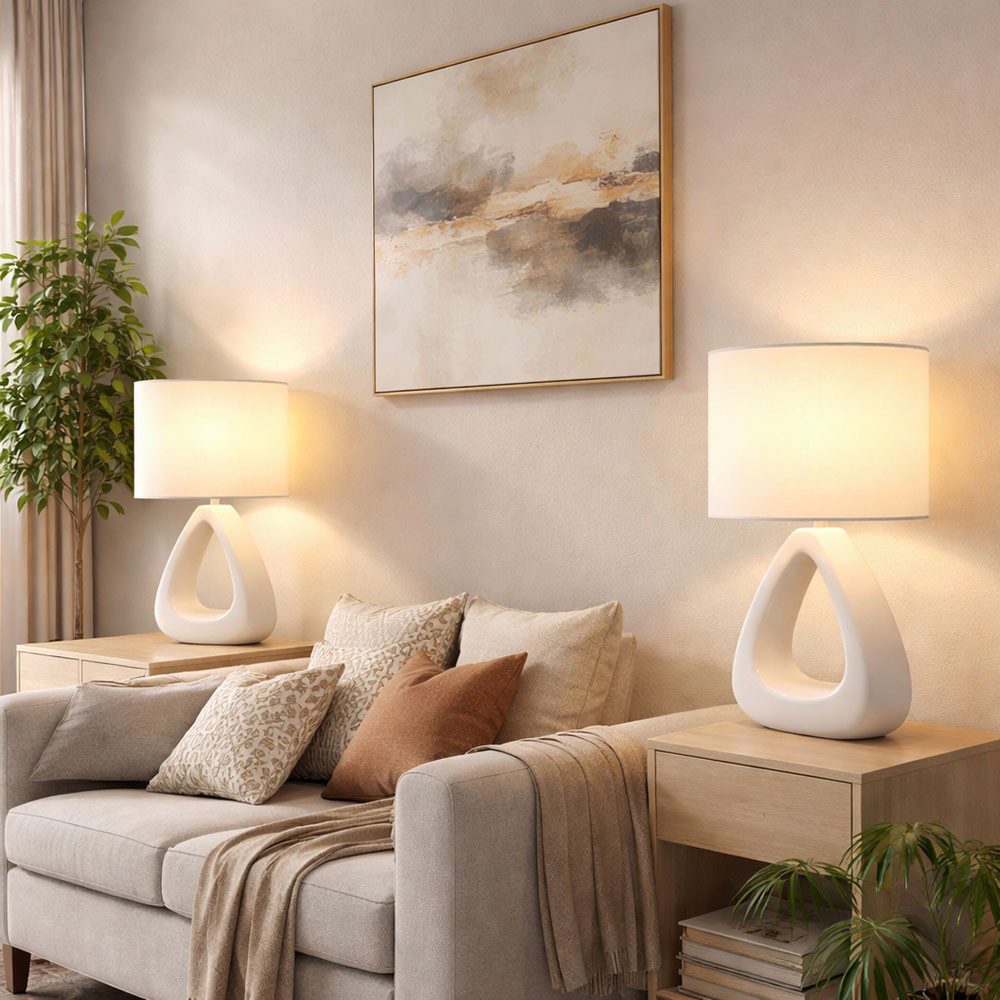 GLOBO LIGHTING Tischleuchte, Leuchtmittel nicht inklusive, Tischleuchte Keramik Textil weiß Nachttischleuchte Wohnzimmer 2er Set