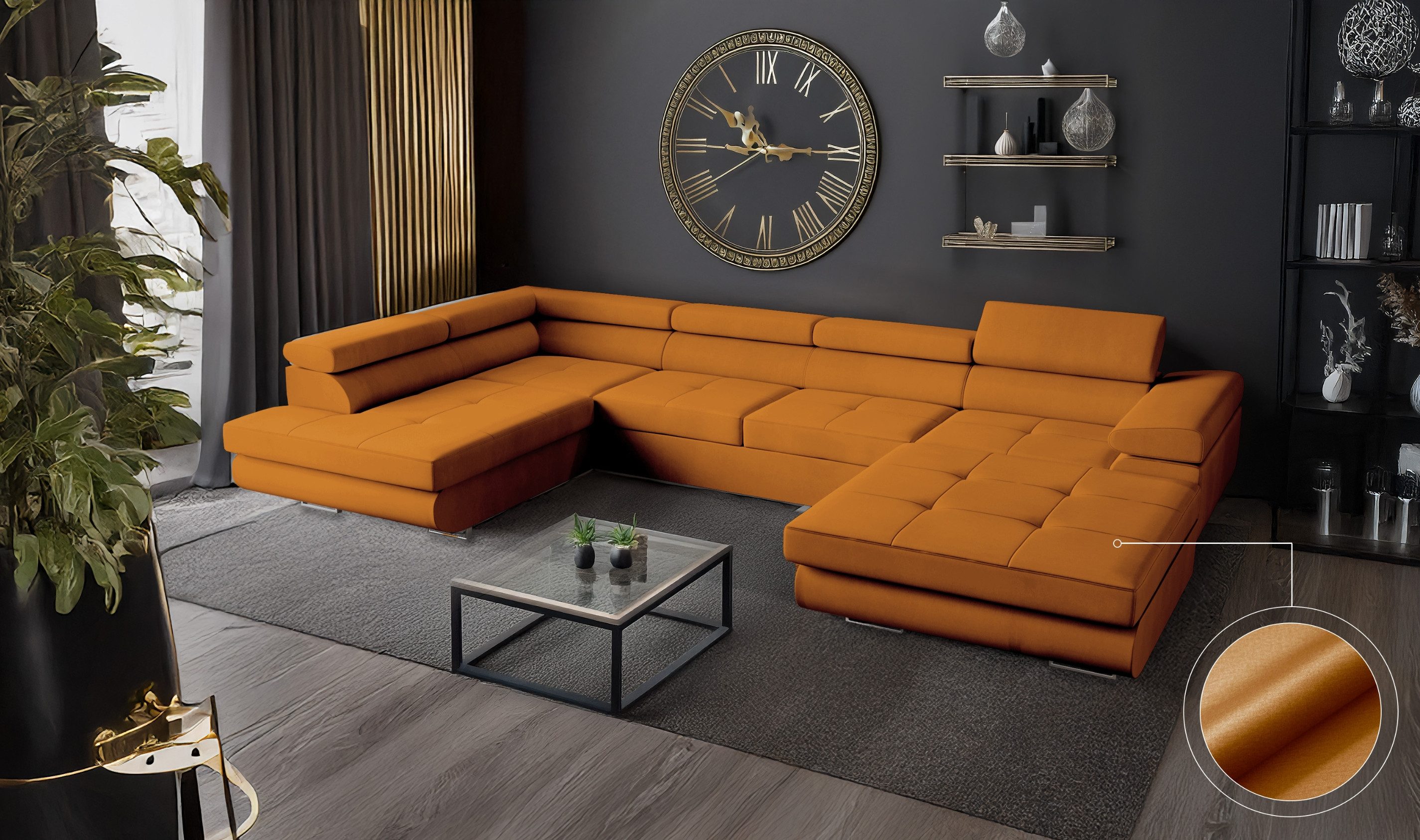 Goldstoff Wohnlandschaft mit Schlaffunktion, Couch für günstig online kaufen