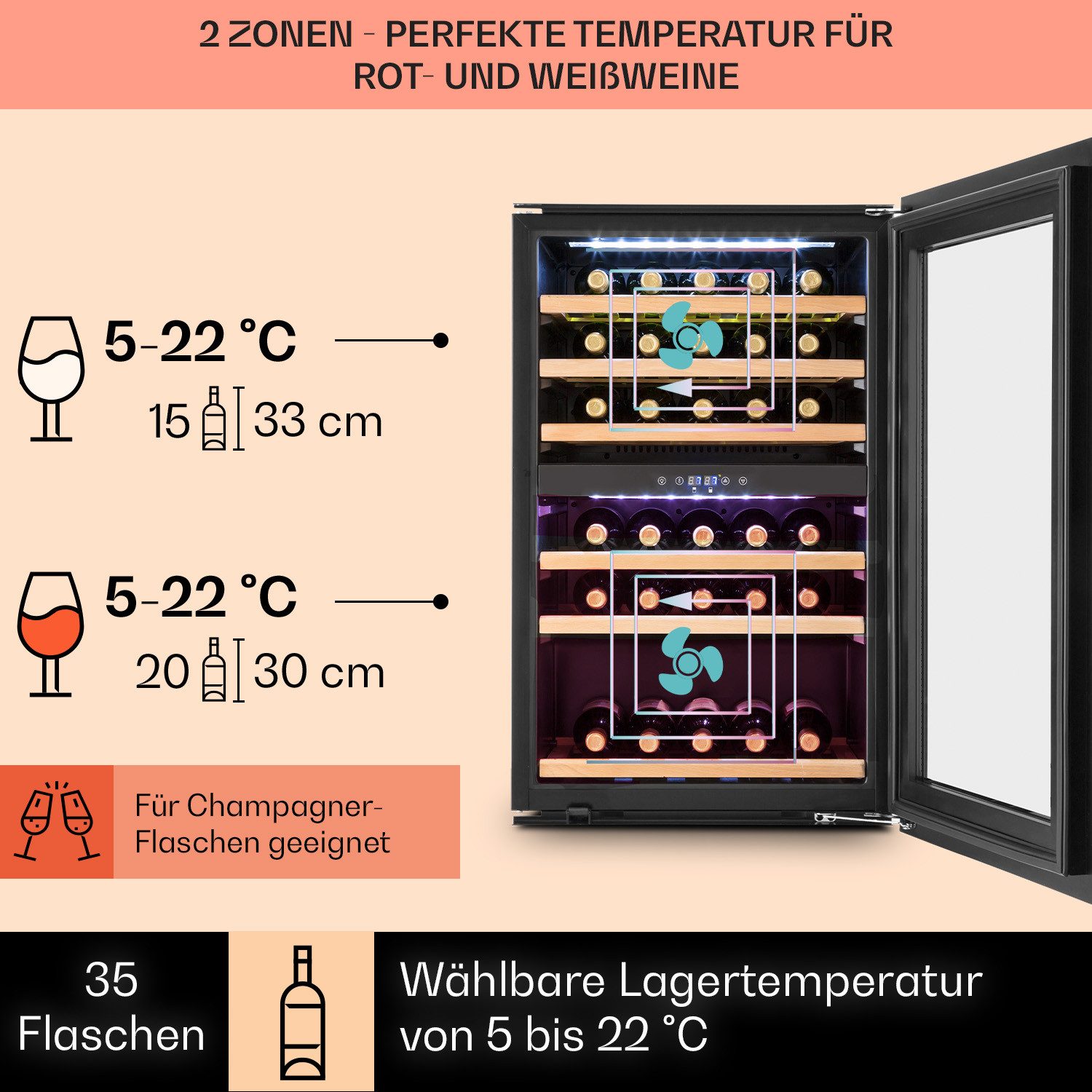 Klarstein Weinkühlschrank Vinsider 35 bottle D Weinkühlschrank, für 41 Standardflaschen á 0,75l,2 Zonen Wein Flaschenkühlschrank Weintemperierschrank Weinschrank