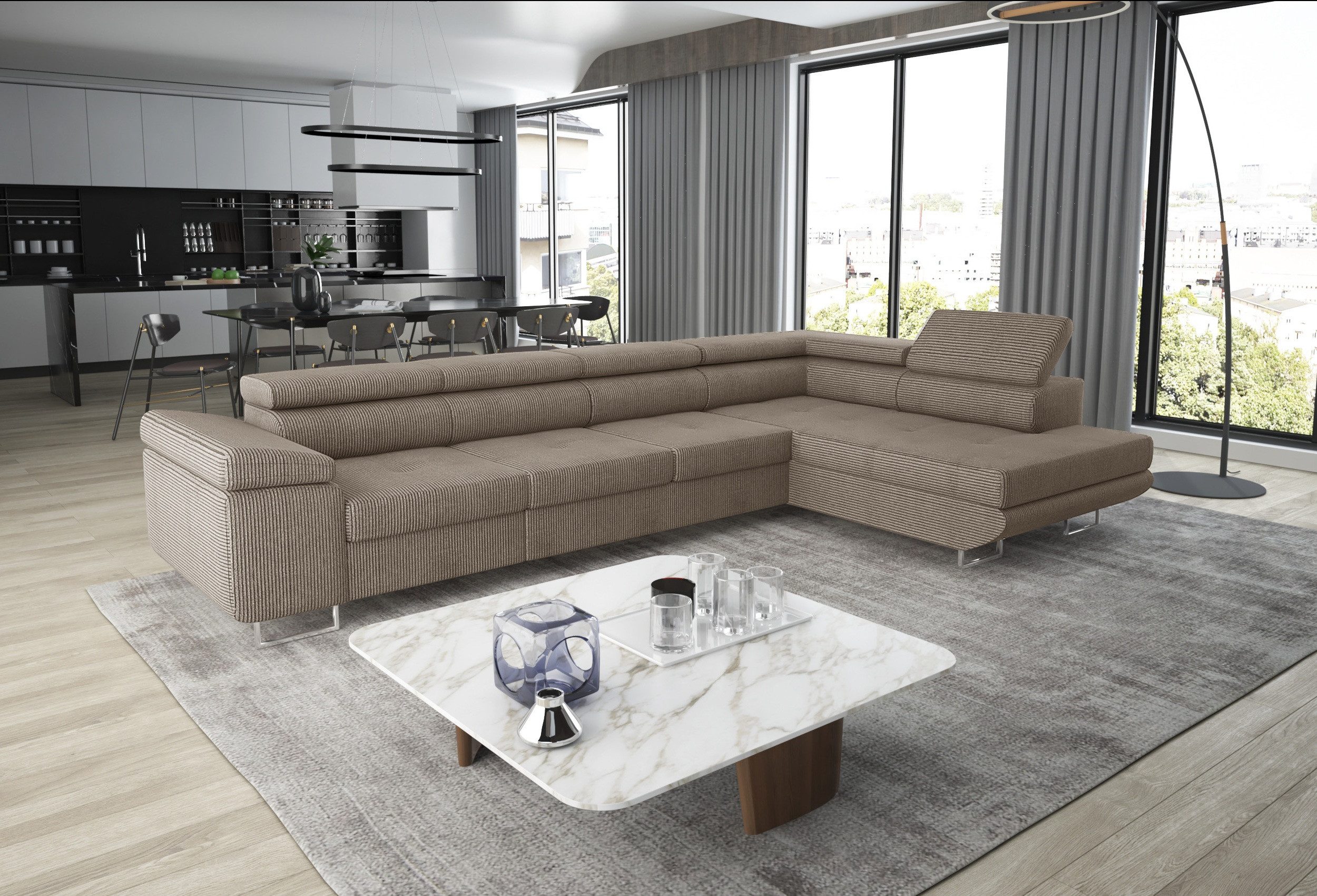 thematys Ecksofa ASTON LONG 355 x 204cm mit Schlaffunktion & Bettkasten – L-Sofa, mit 4 verstellbaren Kopfstützen, Cord (Poso) oder Samt (Monolith), - XXL Wohnlandschaft im modernen Design