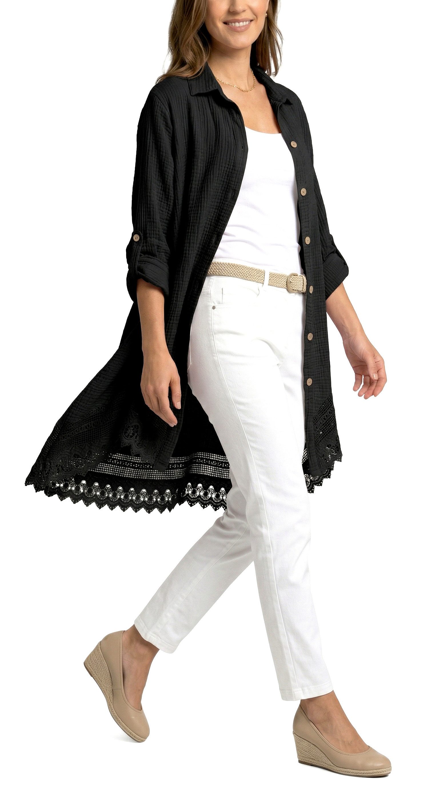 dy_mode Longbluse Damen Oversized Longbluse Musselin Tunika HemdbluseBlusenkleid in Unifarbe, dekorativem Häkel-Saum, Oversize-Passform