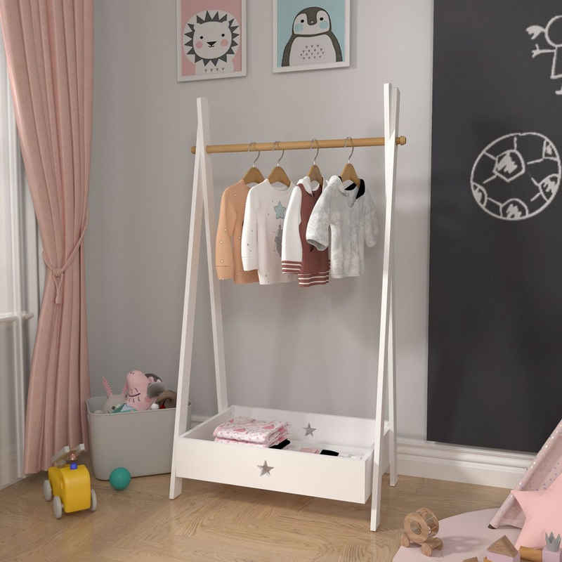 en.casa Kleiderständer, »Laxe« Kinder-Garderobe 126 x 73 x 43 cm Garderobenständer für Kinder Weiß/Natur