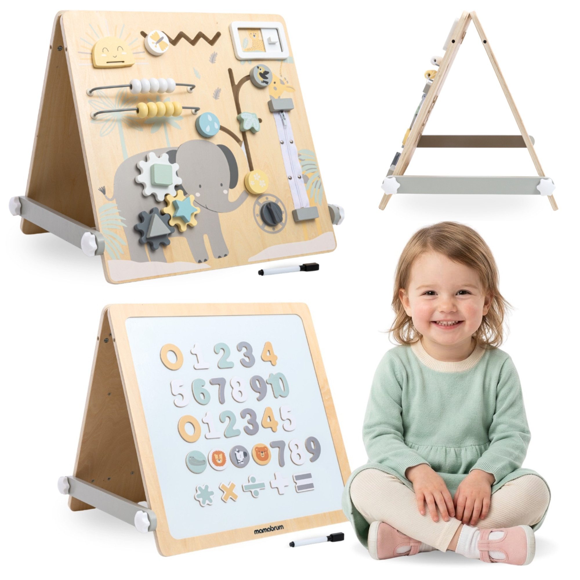 Mamabrum Kinderstaffelei Mamabrum Lernboard 2in1 Magnettafel Busy Board Holz Kinder