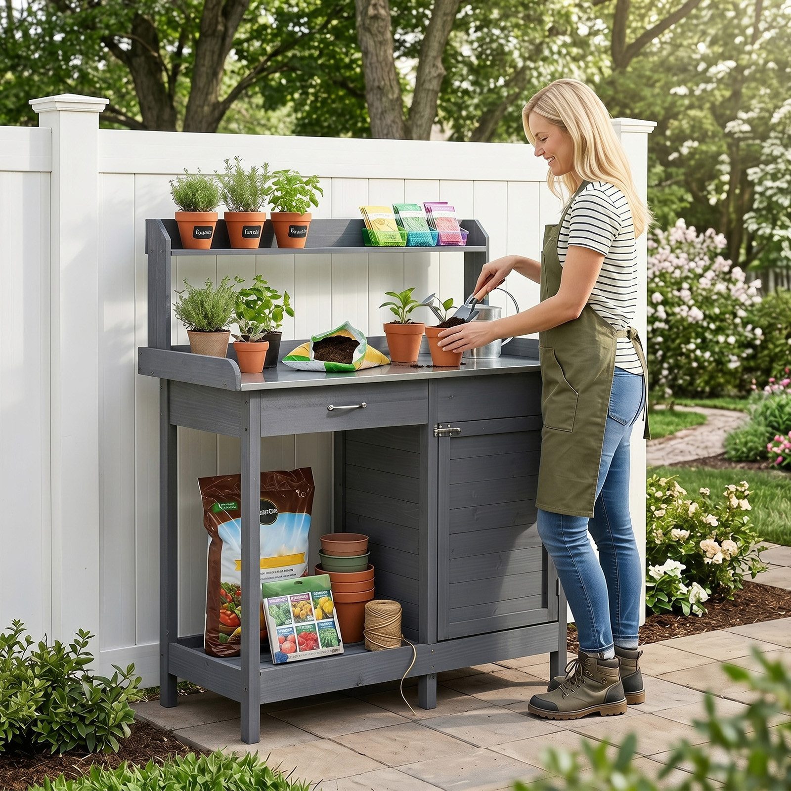 COSTWAY Pflanztisch (1-St), Gärtnertisch mit Schublade, Regal, aus Tannenholz