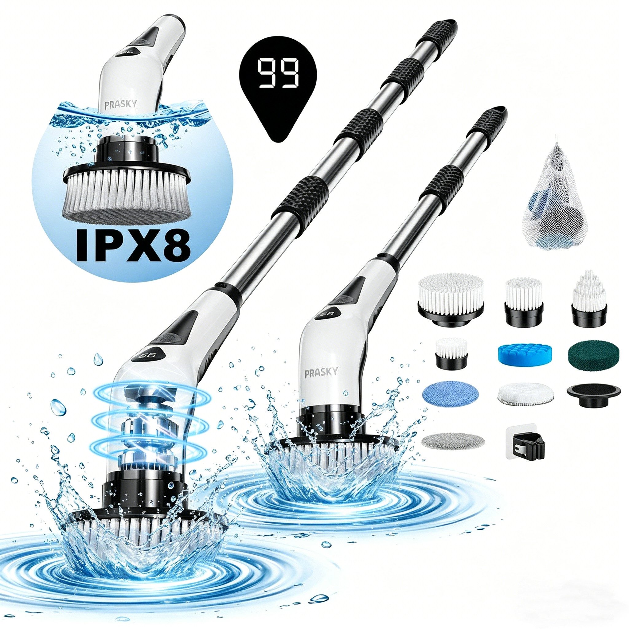 PRASKY Reinigungsbürsten-Set Elektrische Reinigungsbürste mit 9 austauschbaren Bürstenköpfen, Fliesen, Laminatböden, Fenster, Autos, (Mehrere abnehmbare Teile badebürste elektrisch, Teppichreiniger, Akku-Oberflächenbürste mit 9 Bürstenköpfen), 30-130 cm Verlängerungsrohr, LED-Batteriestandsanzeige