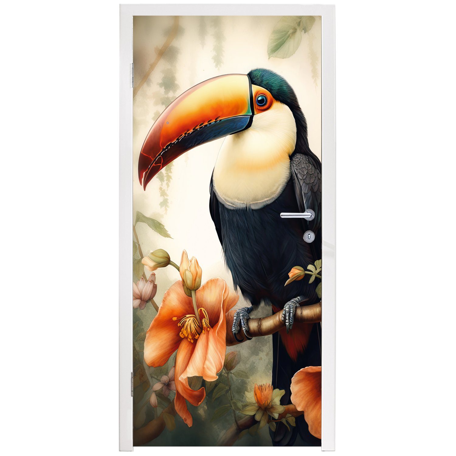 cm St), MuchoWow - Tür, Fototapete Tukan Vogel Türtapete Pflanzen, (1 - - für 75x205 bedruckt, Türaufkleber, Matt, Blumen