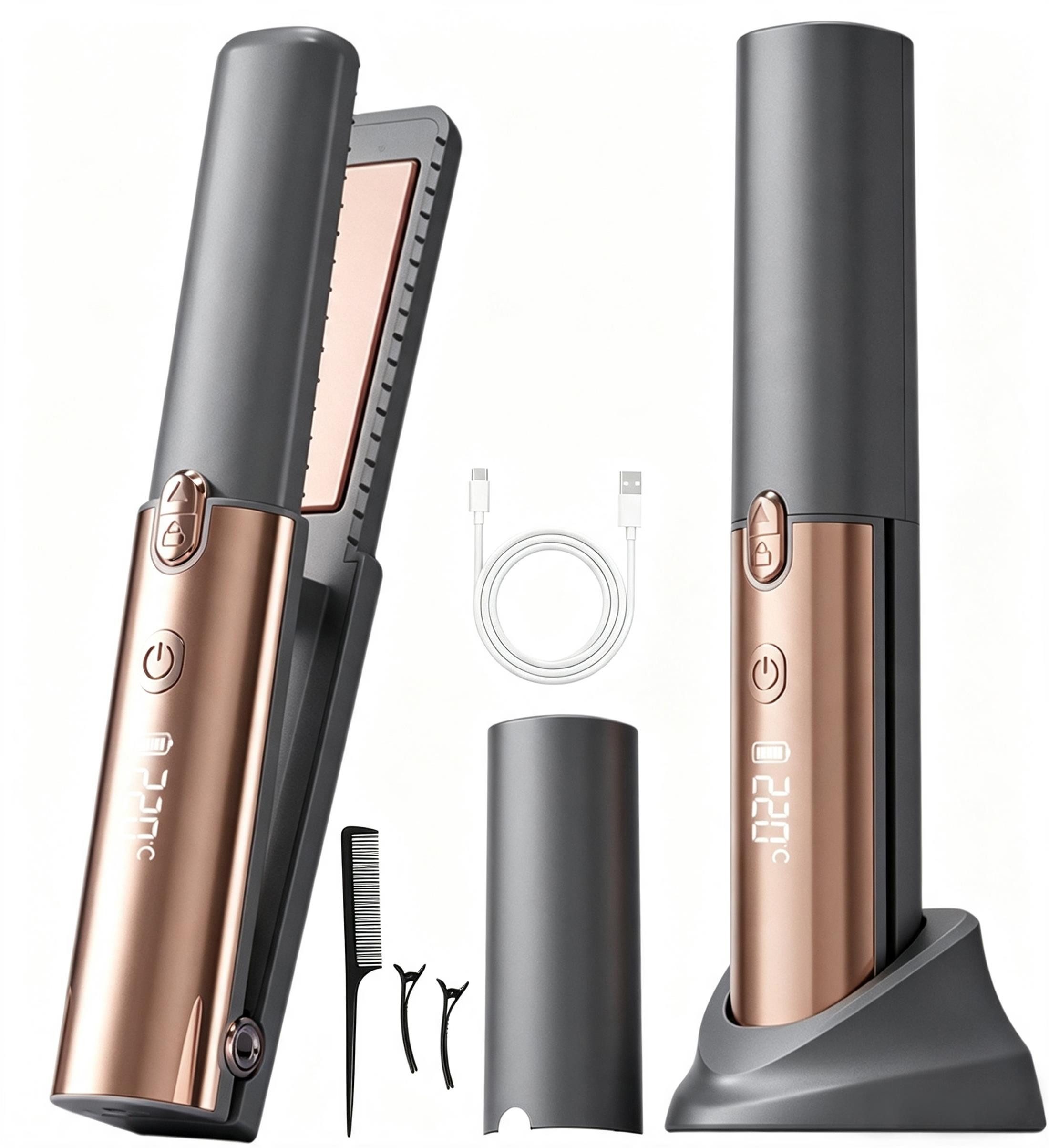 Luckice Glätteisen Kabelloser 2-in-1 Haarglätter & Lockenstyler, Mini-Reiseglätteisen, 160–220 °C, USB-C,5 Temperaturstufen und Schnellheizung, für alle Haartypen geeignet