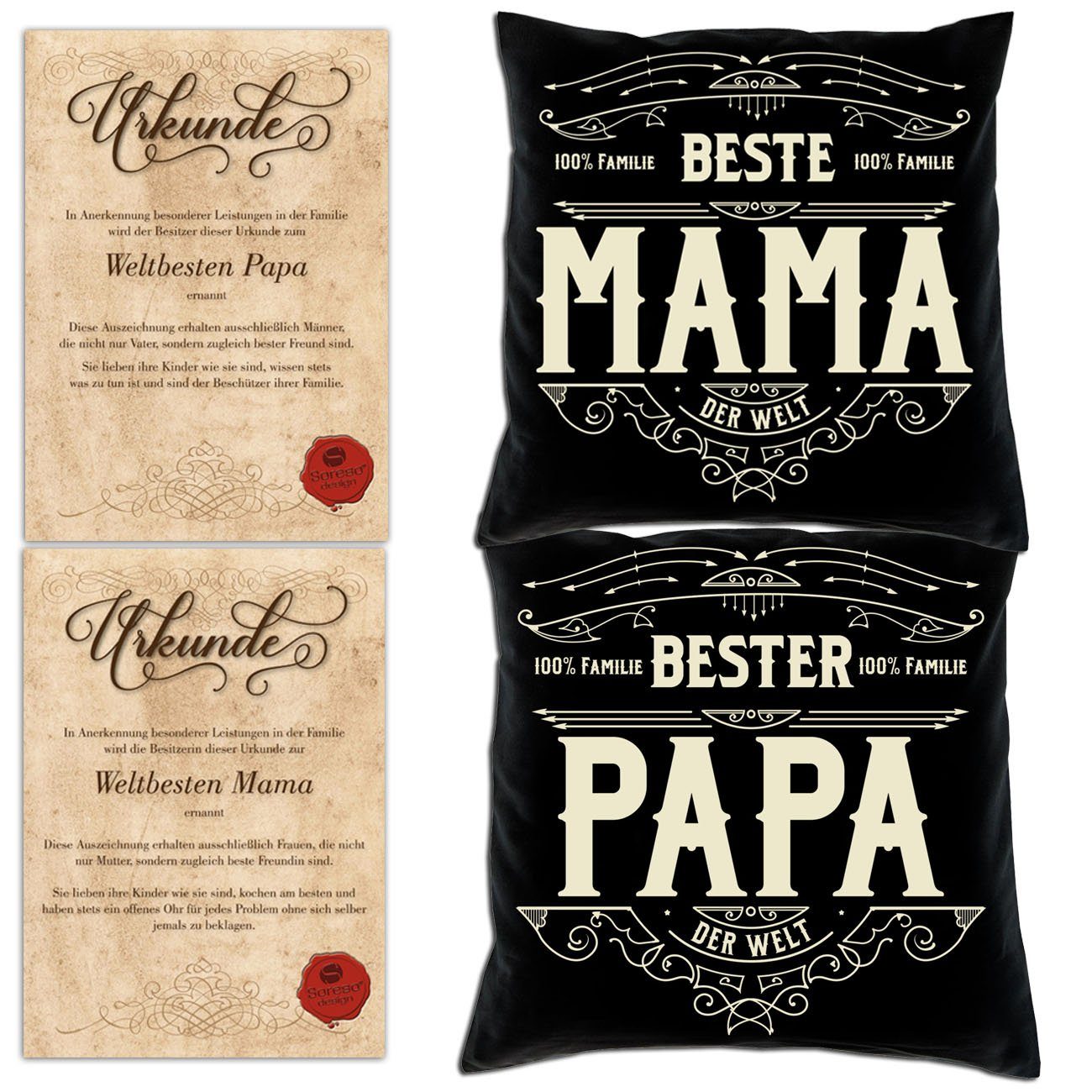 Soreso® Dekokissen Kissen-Set Bester Papa Beste Mama mit Urkunden, Weihnachtsgeschenk für Eltern schwarz