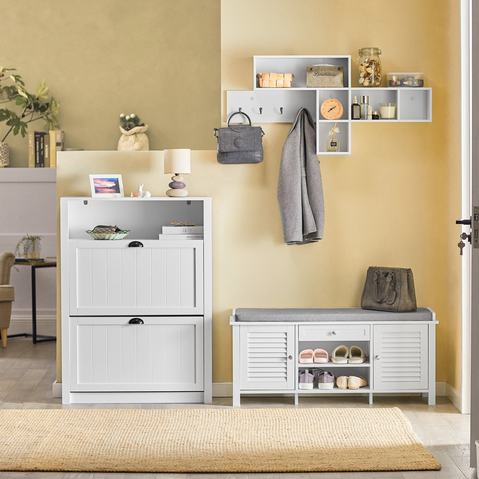 SoBuy Wandgarderobe FHK17, mit 5 Fächern und 4 Haken Kleiderhaken Wandregal Hängeregal