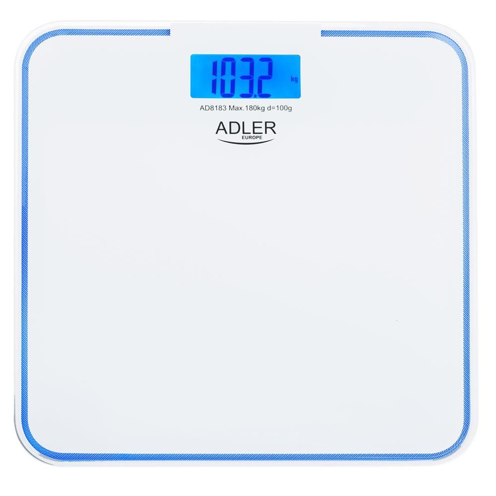 ADLER EUROPE Personenwaage AD 8183, Badezimmerwaage, 180kg, mit blauer Beleuchtung, Glasplattform