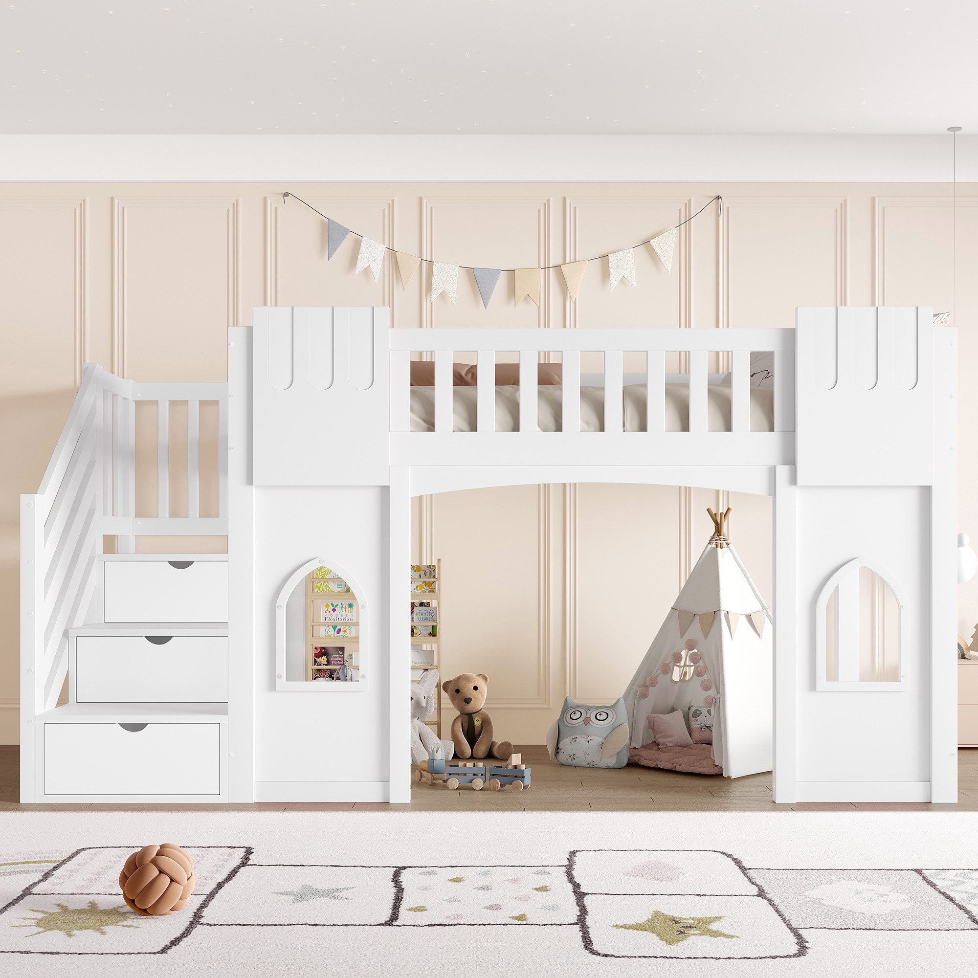 Flieks Etagenbett, Hochbett Fenster-Design 90x200cm mit günstig online kaufen