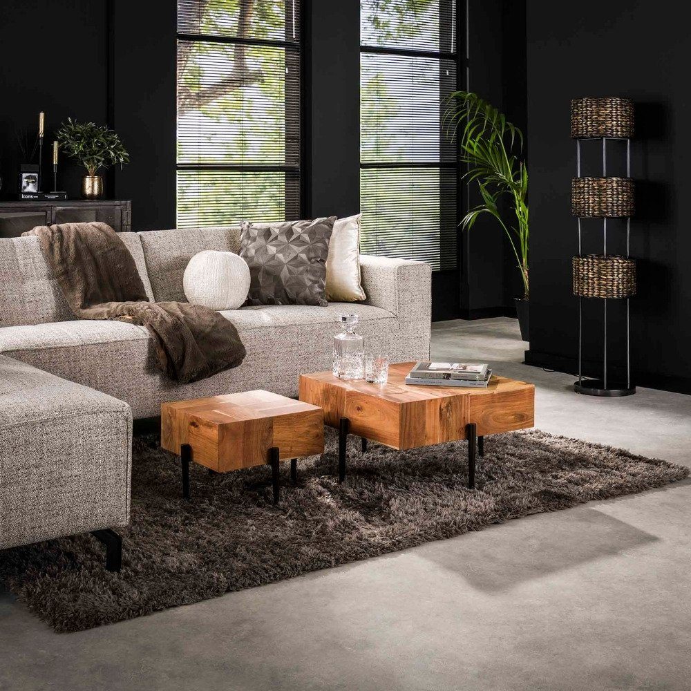 RINGO-Living aus Möbel 2er-Set, Schwarz und Saffron in Akazienholz Beistelltisch Natur-dunkel Couchtisch