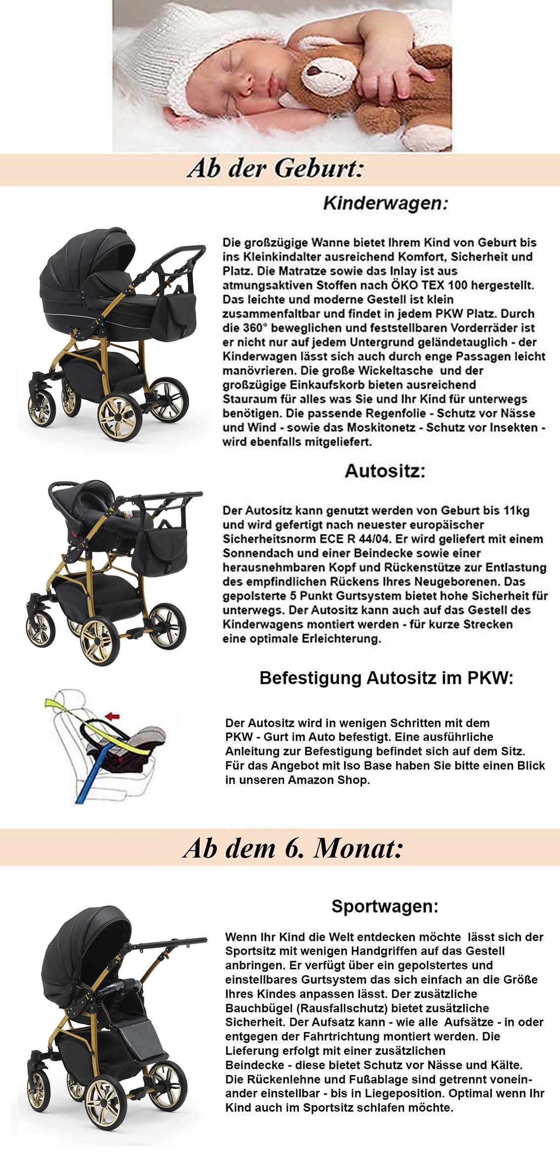 babies-on-wheels 46 1 3 - in Cosmo - Farben Teile Kinderwagen-Set 16 in Rosa-Bordeaux-Weiß ECO Kombi-Kinderwagen Gold
