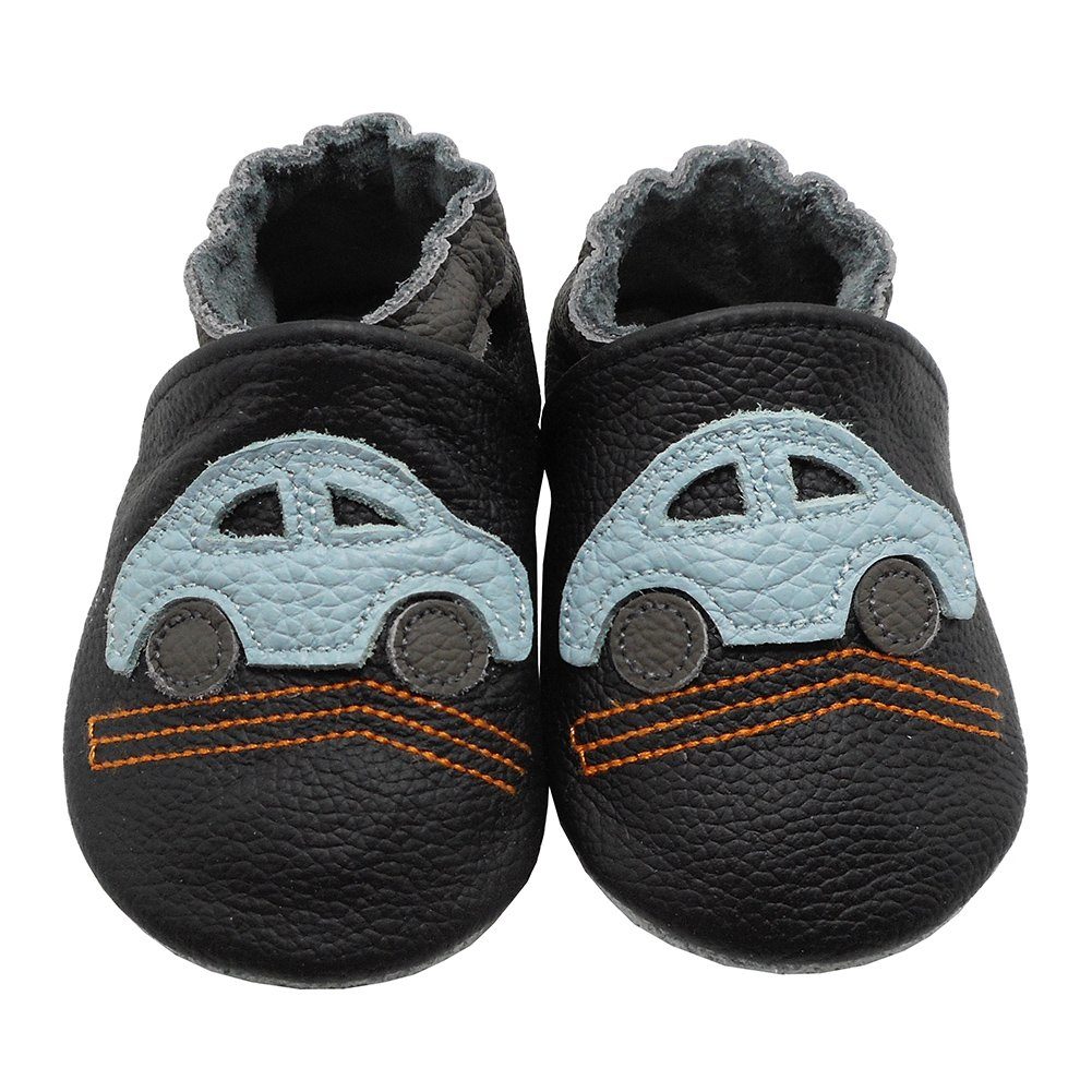 Yalion Weiche Leder Lauflernschuhe Hausschuhe Lederpuschen Auto Schwarz Lauflernschuh