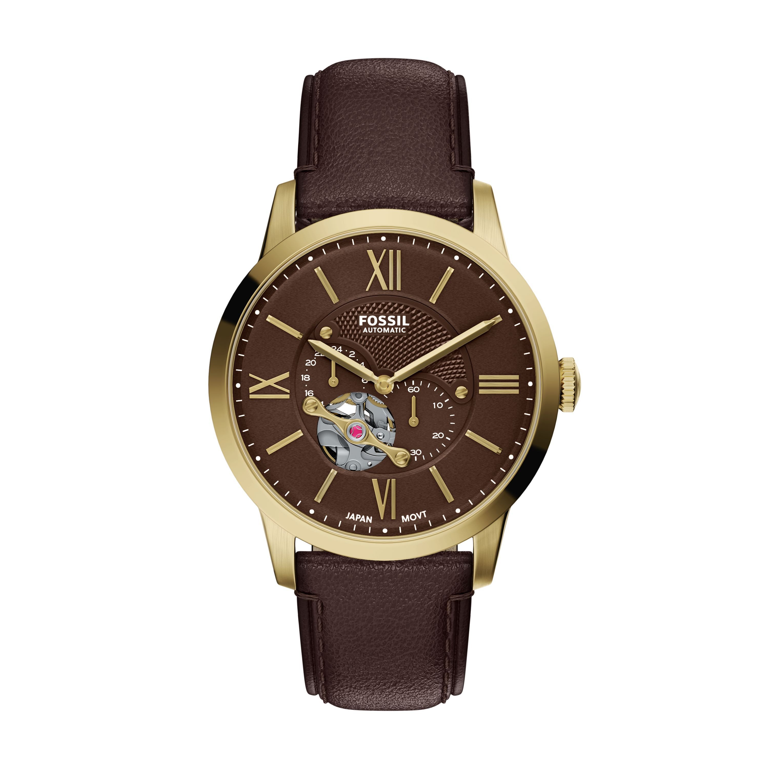 Fossil Automatikuhr Townsman ME3286, Armbanduhr, Mechanische Uhr, Lederarmband, analog, 12/24-Std.-Anzeige