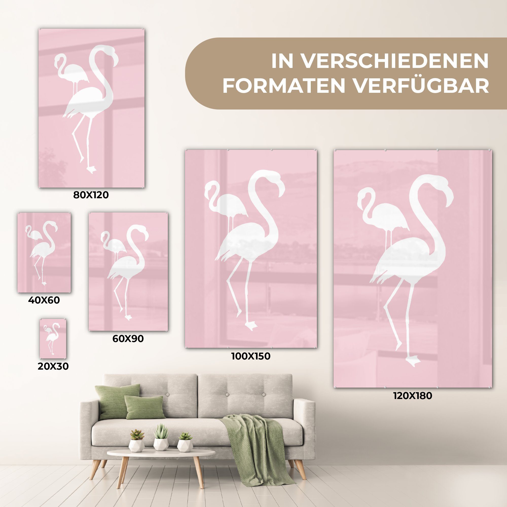 Wandbild - auf Acrylglasbild (1 St), Weiß - Wanddekoration Bilder Glasbilder Glas Flamingo, auf Rosa bunt Glas - - MuchoWow Foto -