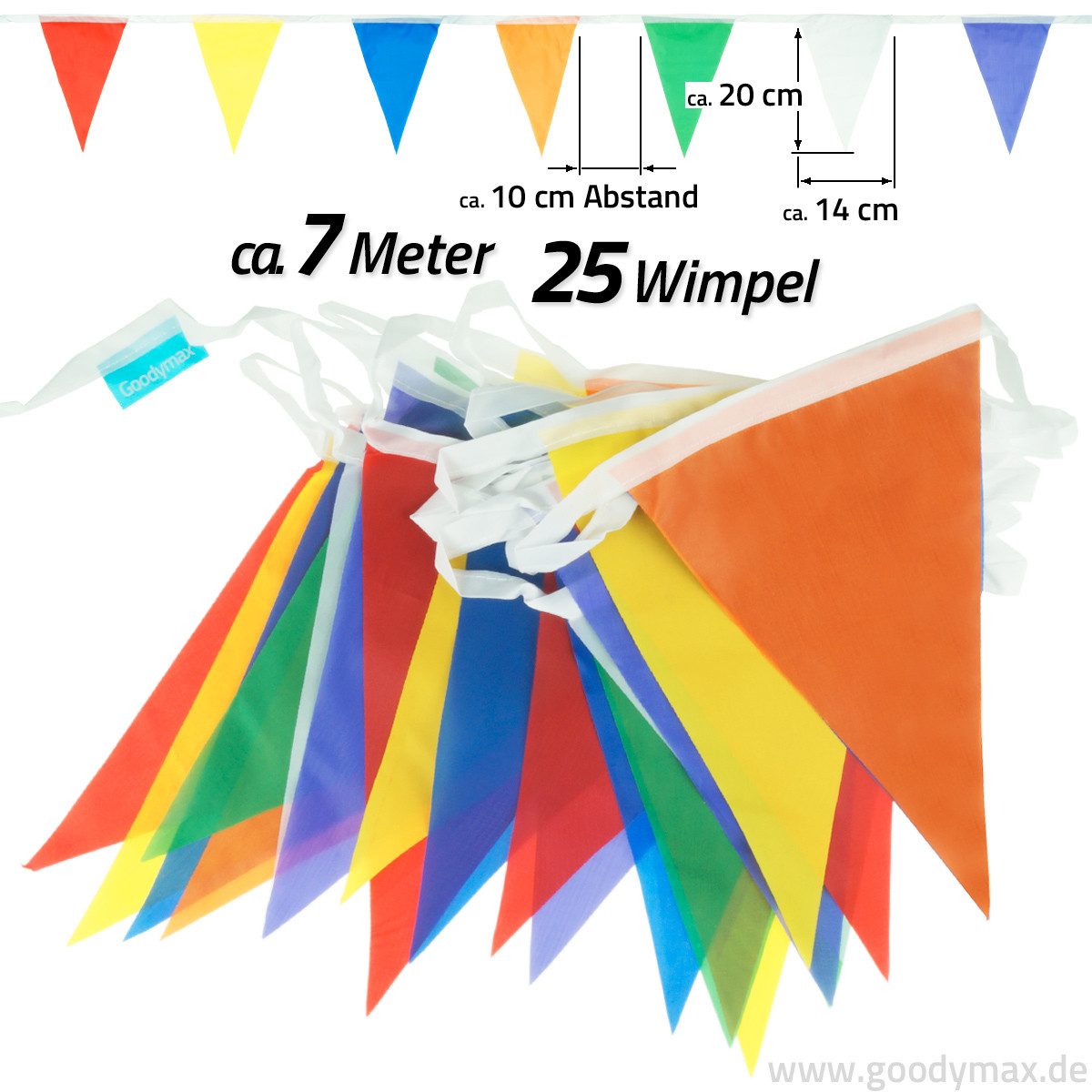 Goodymax Hängedekoration Wimpelkette Farbmix mit 7 Farben Polyester-Stoff (14 x 20 cm / 7 Meter lang, 1 Wimpelkette), 25 Wimpel