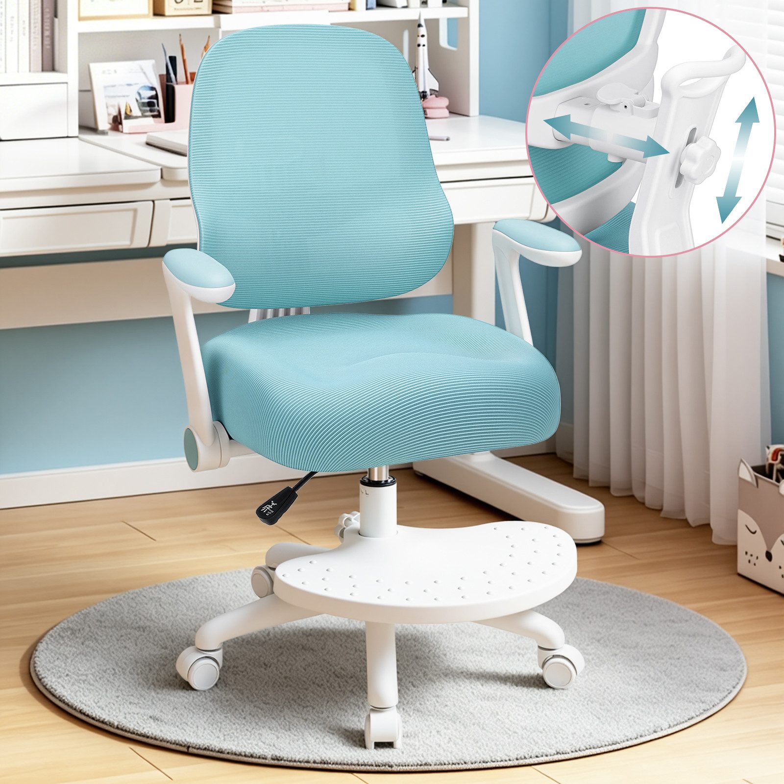 Hoffree Schreibtischstuhl Ergonomischer Kinderstuhl mit Verstellbarer Rückenlehne & Fußablage (Höhenverstellbar Computerstuhl Schreibstuhl mit klappbaren Armlehnen), 5 feststellbarer Rollen, von 5-12 Jahre, Maximale Tragfähigkeit 158kg