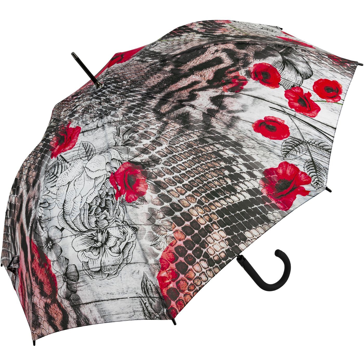doppler® Langregenschirm Damen-Regenschirm mit groß Serpent und - Mohnblumen-Design rotem mit stabil Automatik