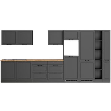 Lomadox Küchenzeile MONTERREY-03, Küchenblock Küchenmöbel, 420cm, grau mit Eiche