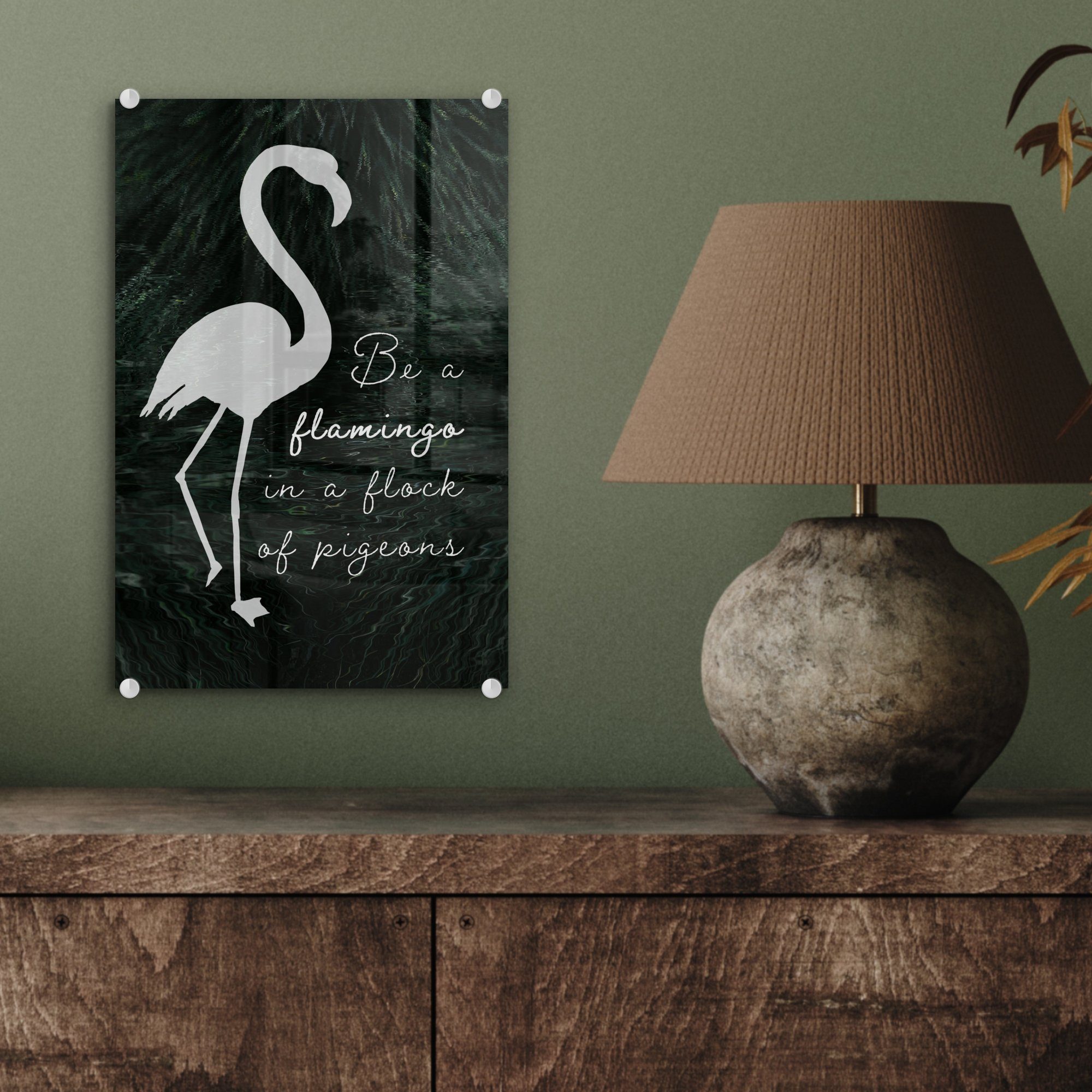 auf Acrylglasbild Wandbild Bilder Zitat Wanddekoration Flamingo, - - auf St), (1 Glas Foto bunt Glasbilder - - Gras - MuchoWow Glas