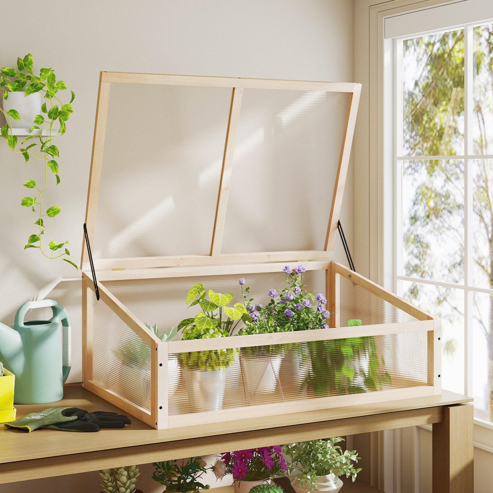 COSTWAY Gewächshaus, mini Treibhaus, Hochbeet, Frühbeetaufsatz mit Abdeckung