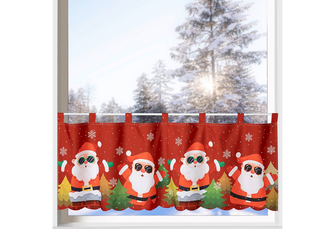 heimtexland Scheibengardine Weihnachten Deko Gardine Bistro Weihnachtsgardine (1 St), Schlaufen, blickdicht, Satin, 45x120 cm I Stickerei Bordüre rot I Fensterdeko Rock Santa
