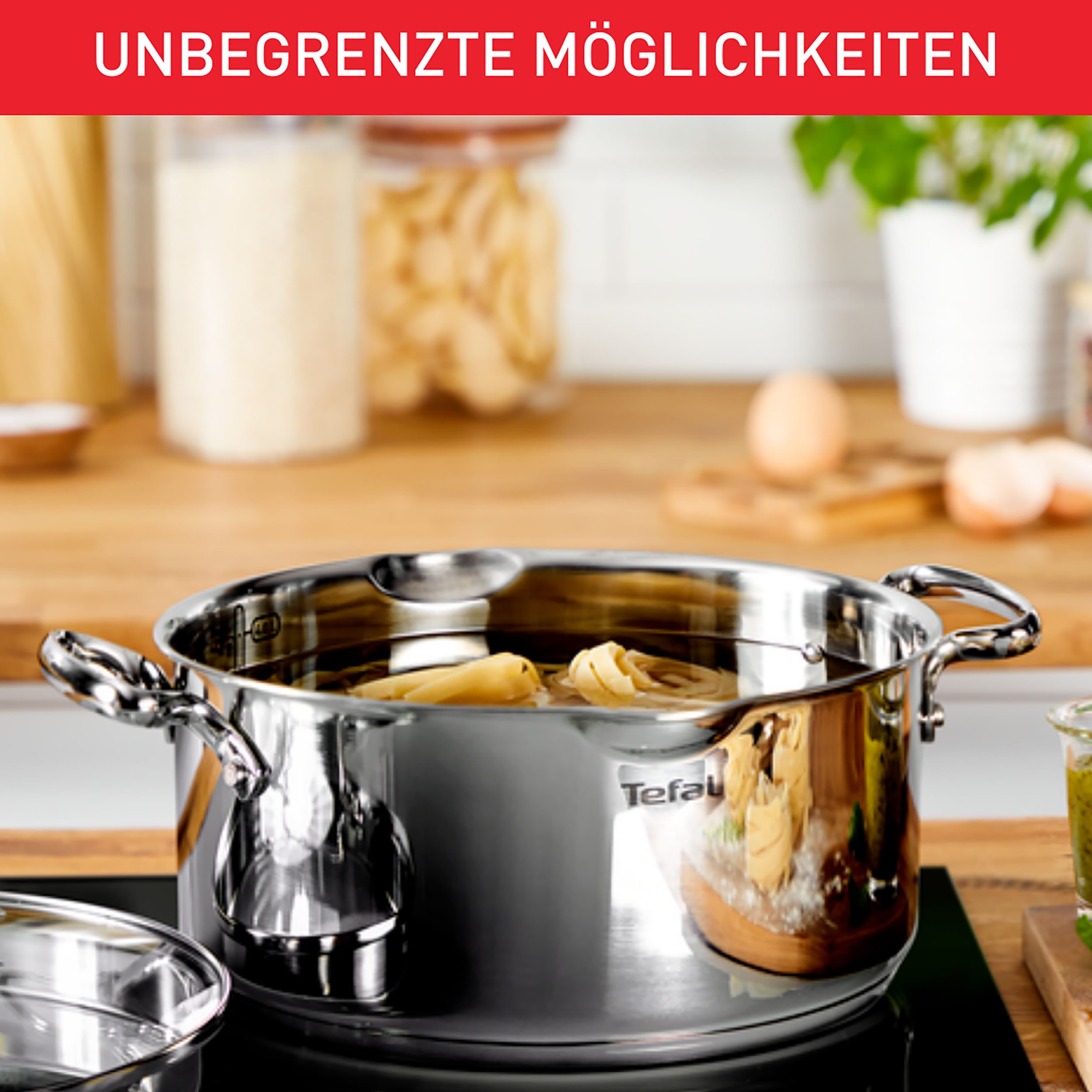 Tefal Topf-Set Duetto+, Kochtopf Set mit Glasdeckel, Edelstahl (Set, 10-tlg., Stieltopf 16 cm, Schmortöpfe 18/20/24 cm, Suppentopf 22 cm), Abgießdeckel, integrierte Messskala, induktionsgeeignet, rostfrei