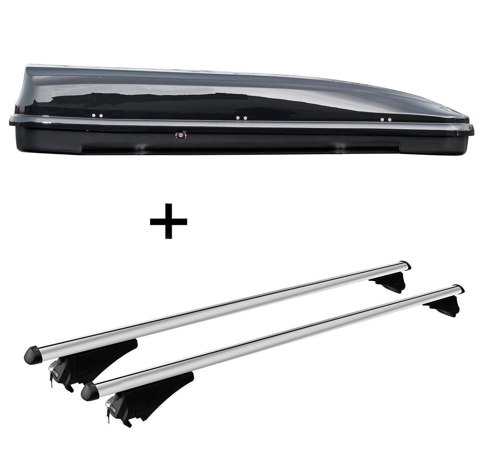 Fahrradhalter, Skibox schwarz VDP JUFL460 460 Liter abschließbar + Alu-Relingträger Tiger aufliegende Reling im Set Tiger kompatibel mit Ssangyong Tivoli ab 15
