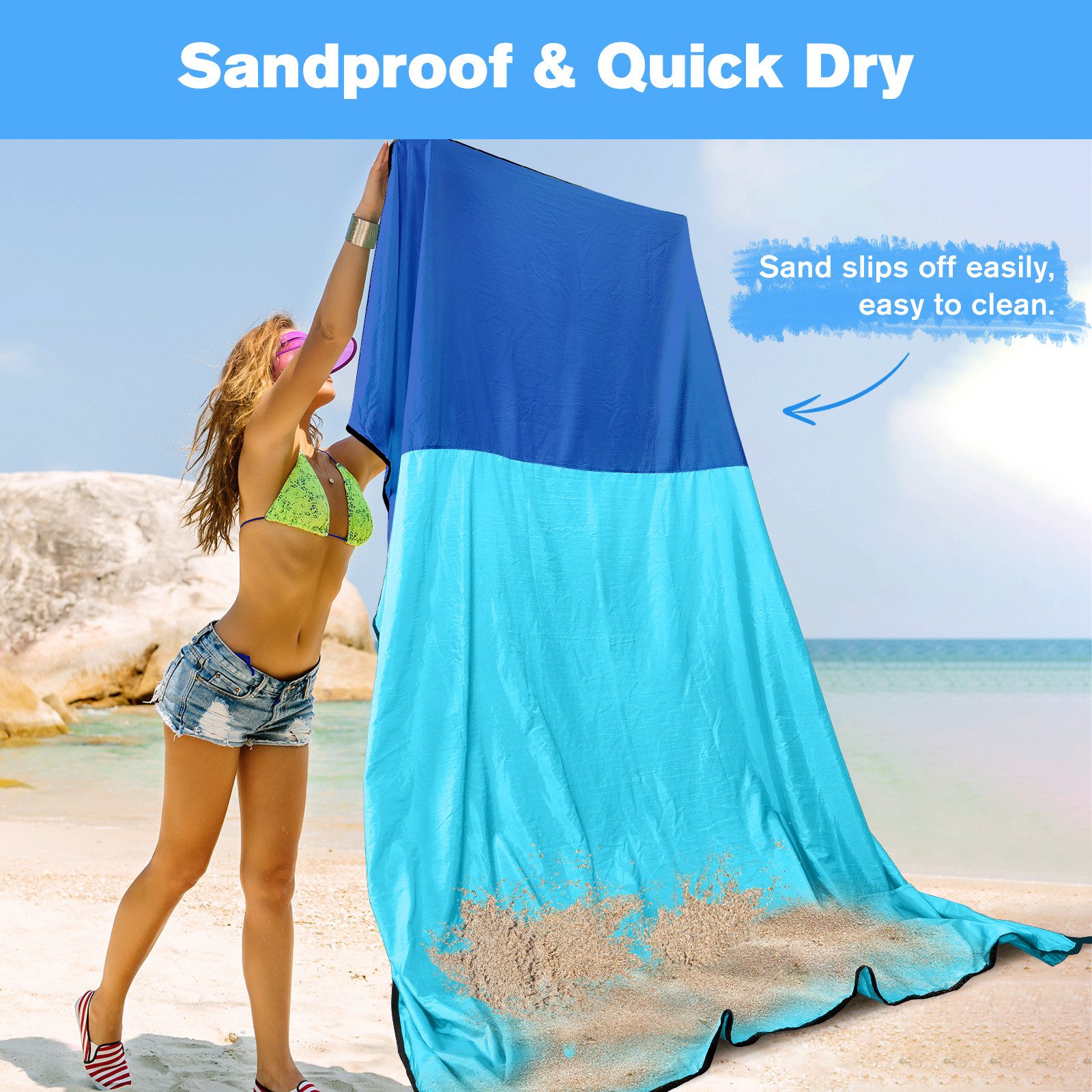 Picknickdecke Stranddecke Sandfrei super groß 210x200 cm, Sanddicht Wasserdicht, Fintie, Super Leicht Dünn Bequem Langlebiges Material, Strandmatte, Strandtuch