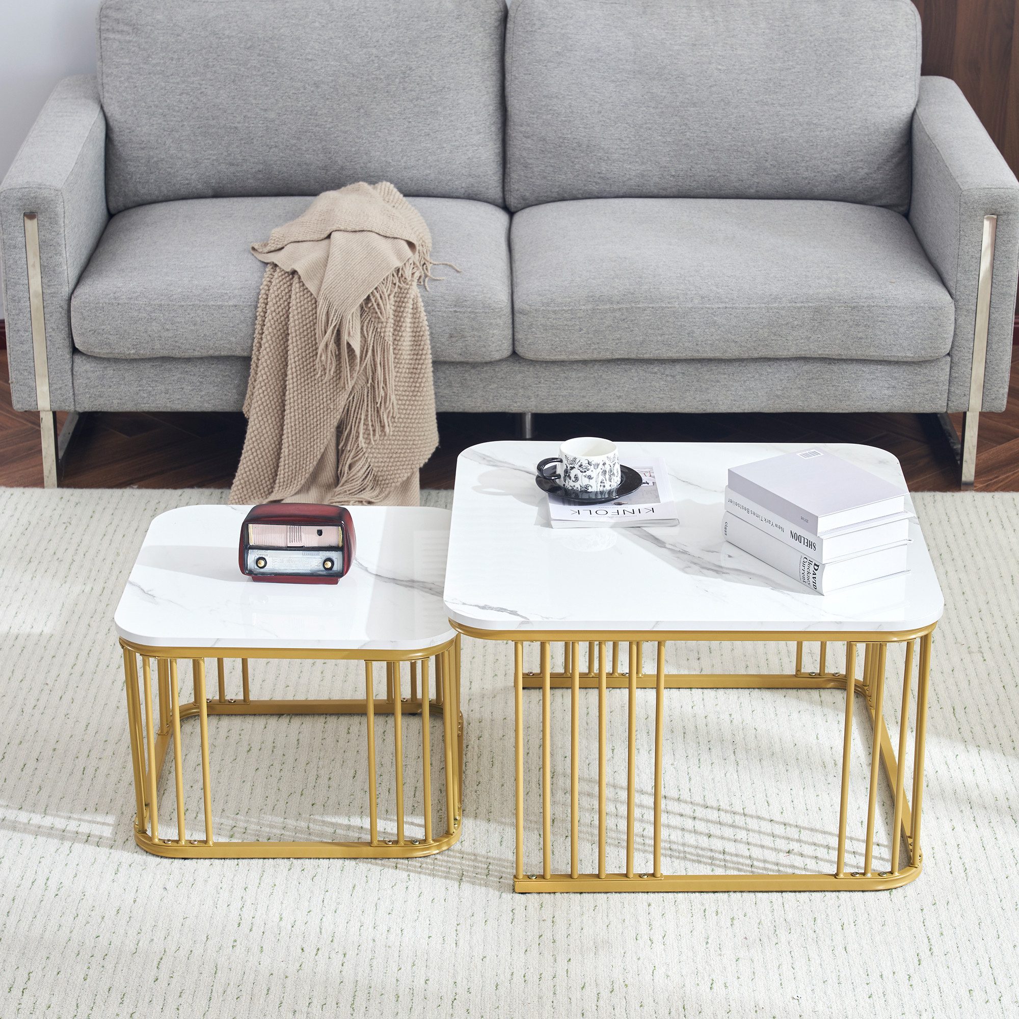 MODFU Couchtisch und 2er Set, Beistelltisch (2-St., 1), mit Tischplatte in Marmoroptik, Satztisch mit Metallrahmen