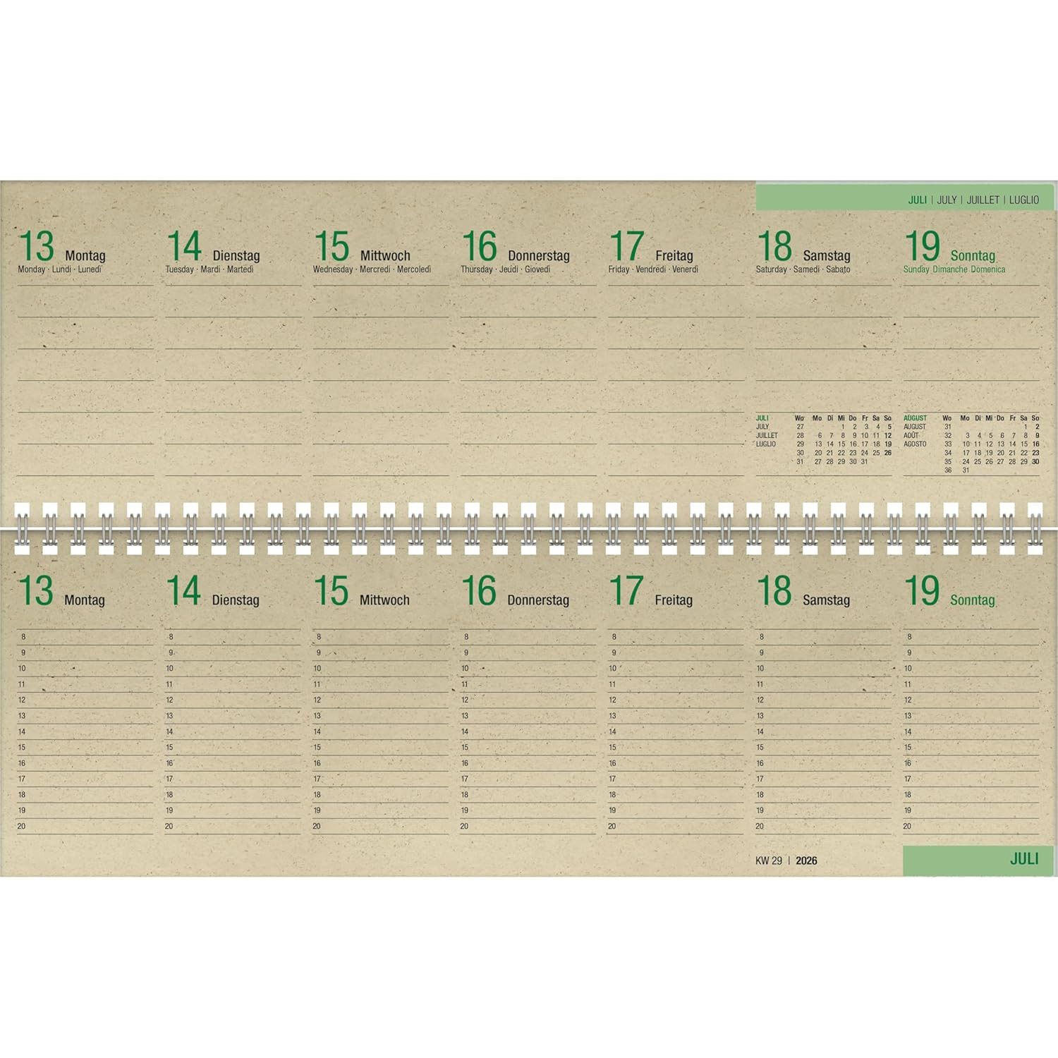 ZETTLER Schreibtischkalender ZETTLER 2026 Querkalender 32x10,5cm Graspapier 1 Woche 2 Seiten