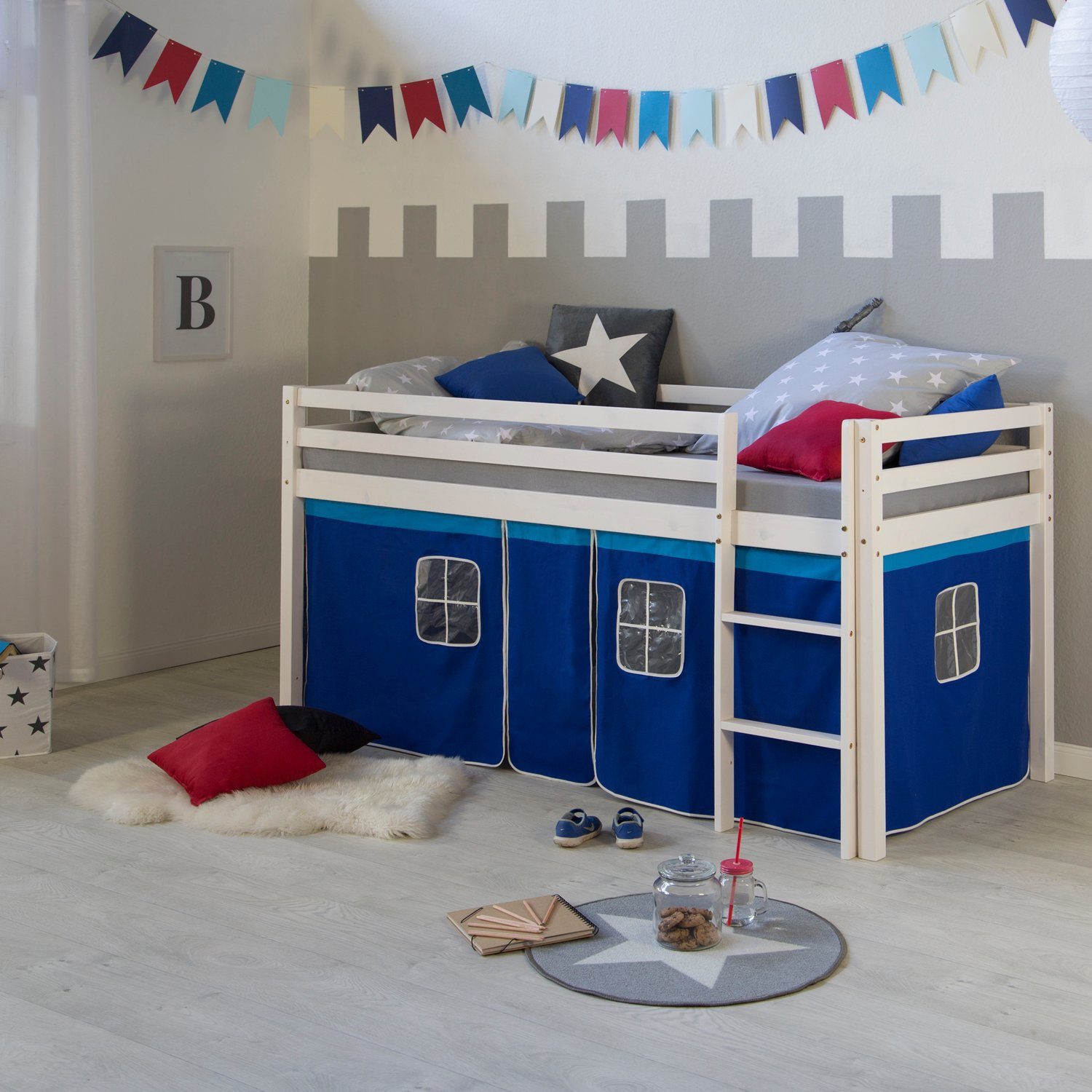 Homestyle4u Hochbett weißes Kinderbett mit Stoffvorhang Blau