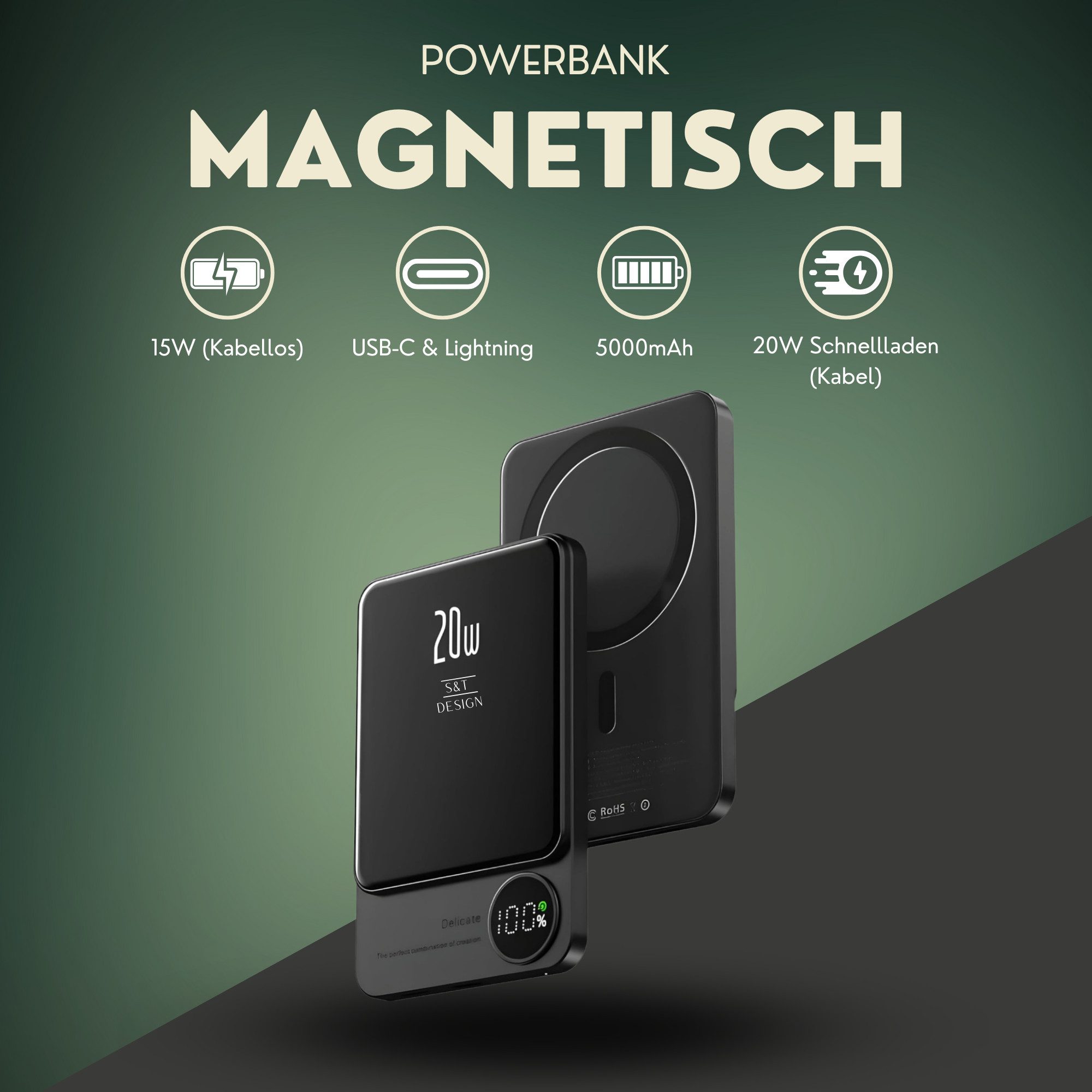 S&T Design Magnetisch Powerbank Magsafe kompatibel Kabellos Externer Akku Powerbank 20W PD 5000 mAh (5 V), Wireless LED Statusanzeige Schnellladefunktion
