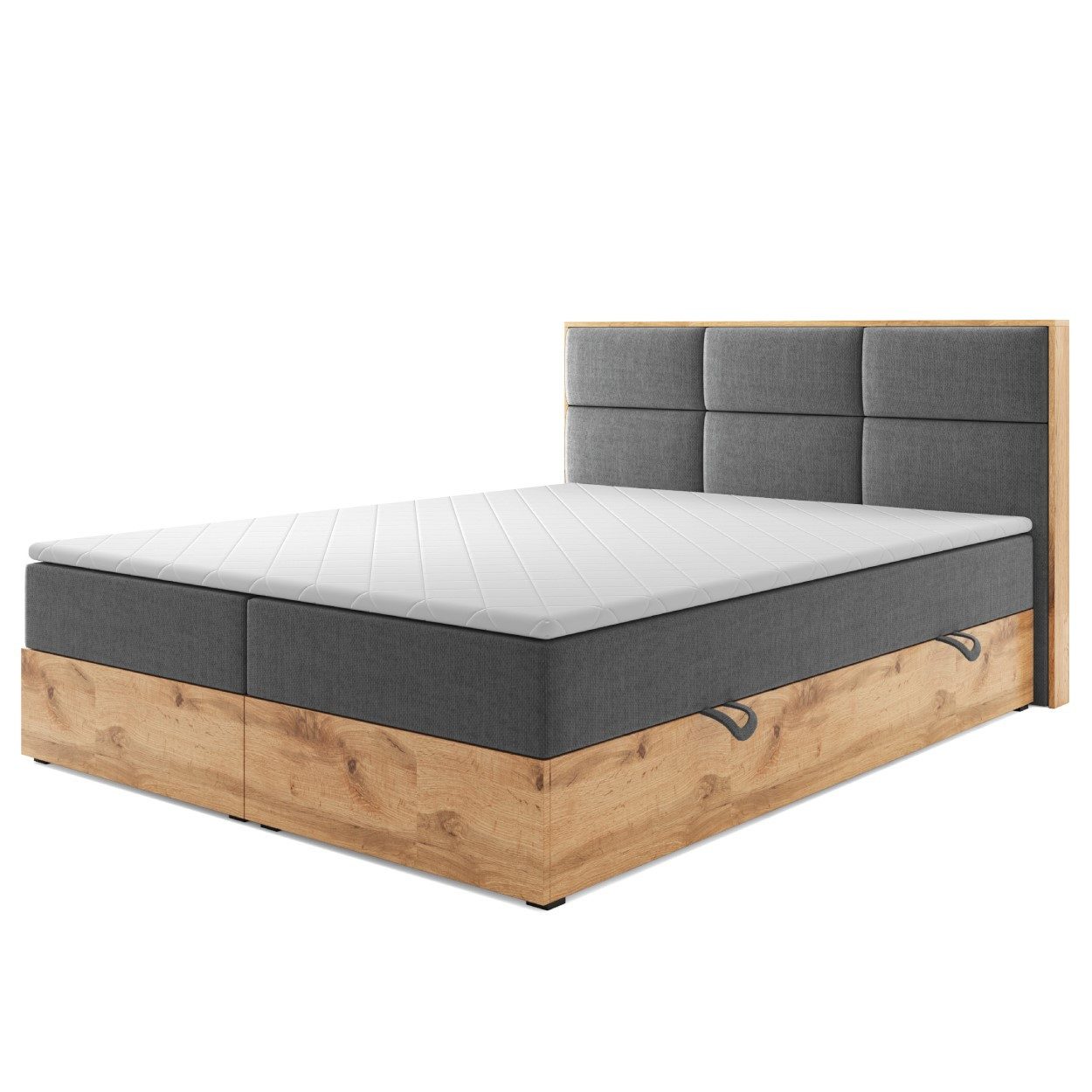 M-Punkt24 Boxspringbett Stockholm (Webstoff Grau, 180 x 200 cm), Eiche Holz, mit Bettkasten, mit Topper