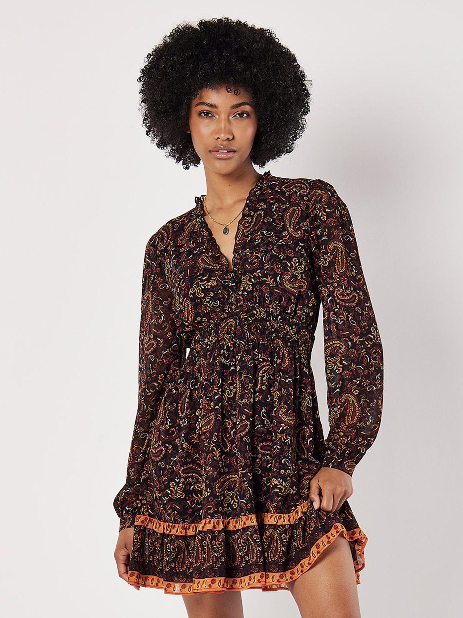Apricot Druckkleid Mini-Rüschenkleid, mit gesmokter Taille günstig online kaufen