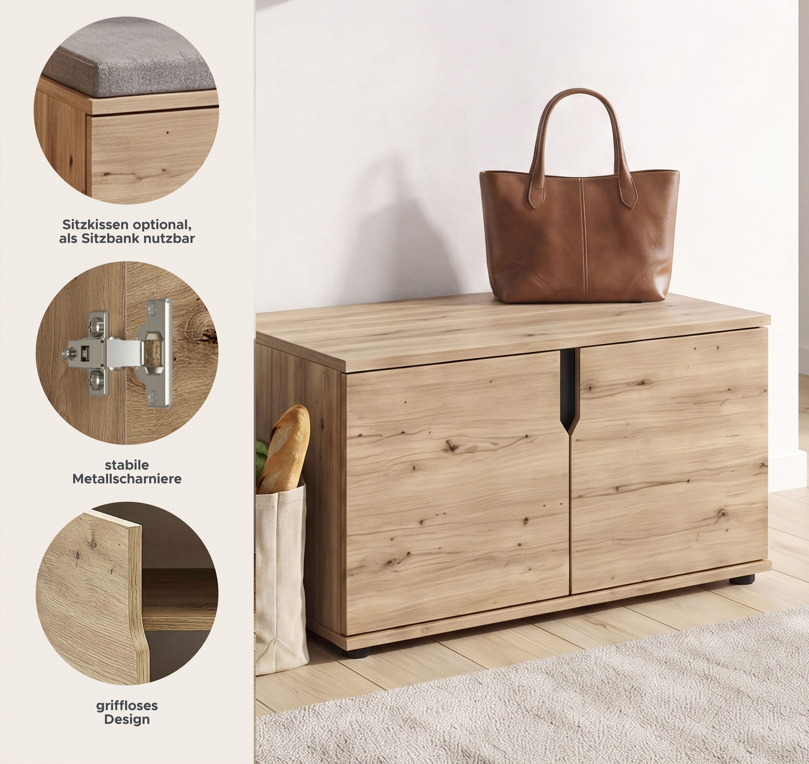 OTTO home Sitzbank FJELL, Breite 80cm, 2 Türen, 2 Einlegeböden, 4 Fächer (hochwertig verarbeitete Materialien, praktische Griffaussparung), Bank Truhe, Kommode, Garderobenbank, Dielenbank