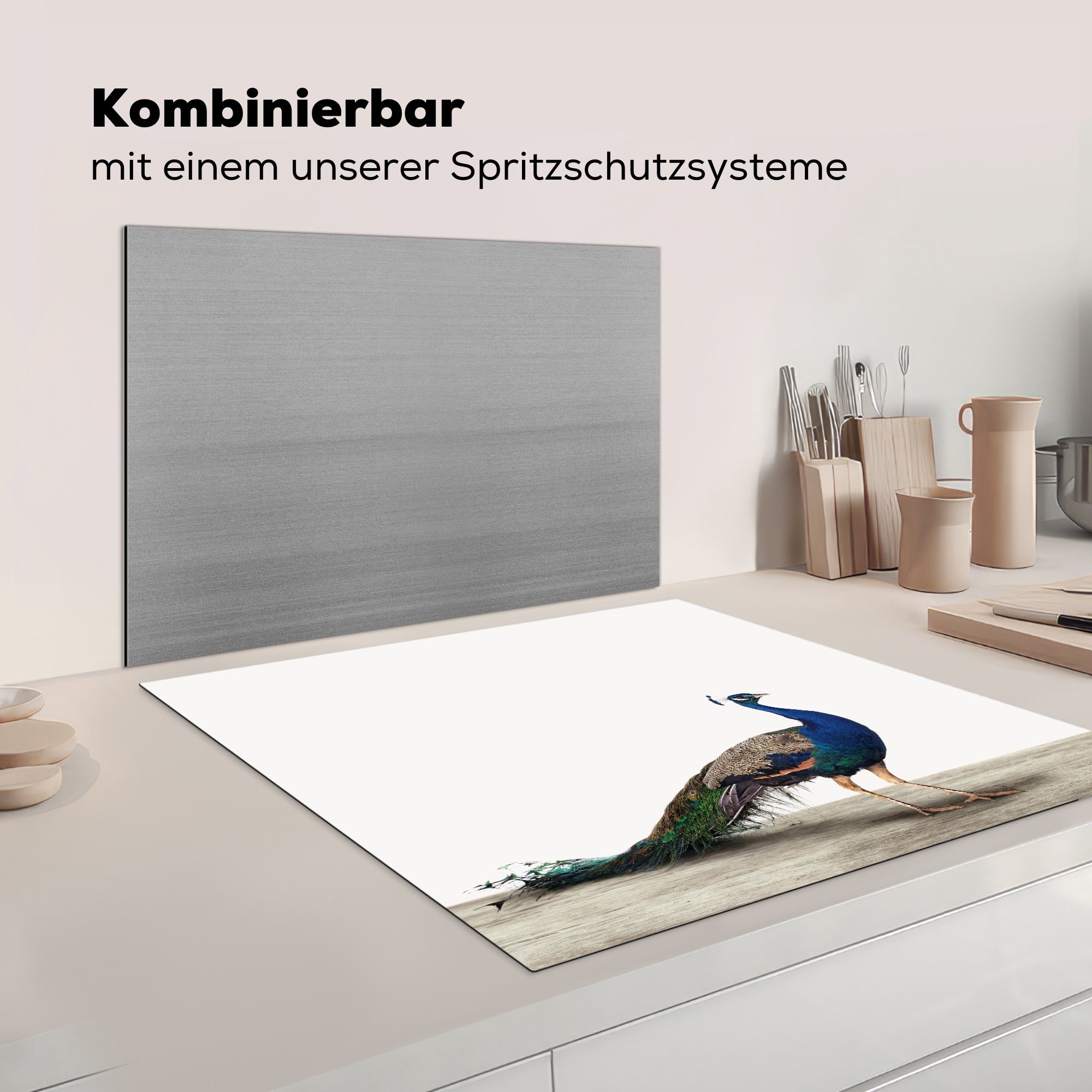 Herdblende-/Abdeckplatte Vinyl, Tiere Weiß, tlg), Arbeitsplatte (1 für MuchoWow Pfau küche - 78x78 cm, - Ceranfeldabdeckung,