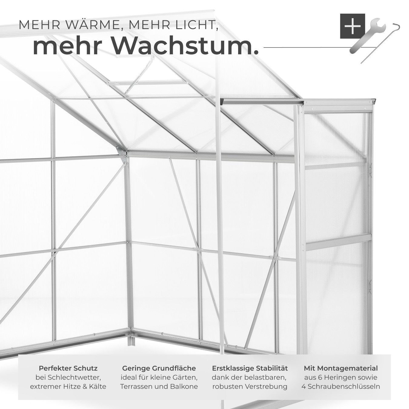 tectake Gewächshaus Anlehngewächshaus aus Aluminium mit Fundament 192x128x202cm, 0,40 mm Wandstärke, Set, 192 x 128 x 202 cm, 4,09 m³, mit Fundament