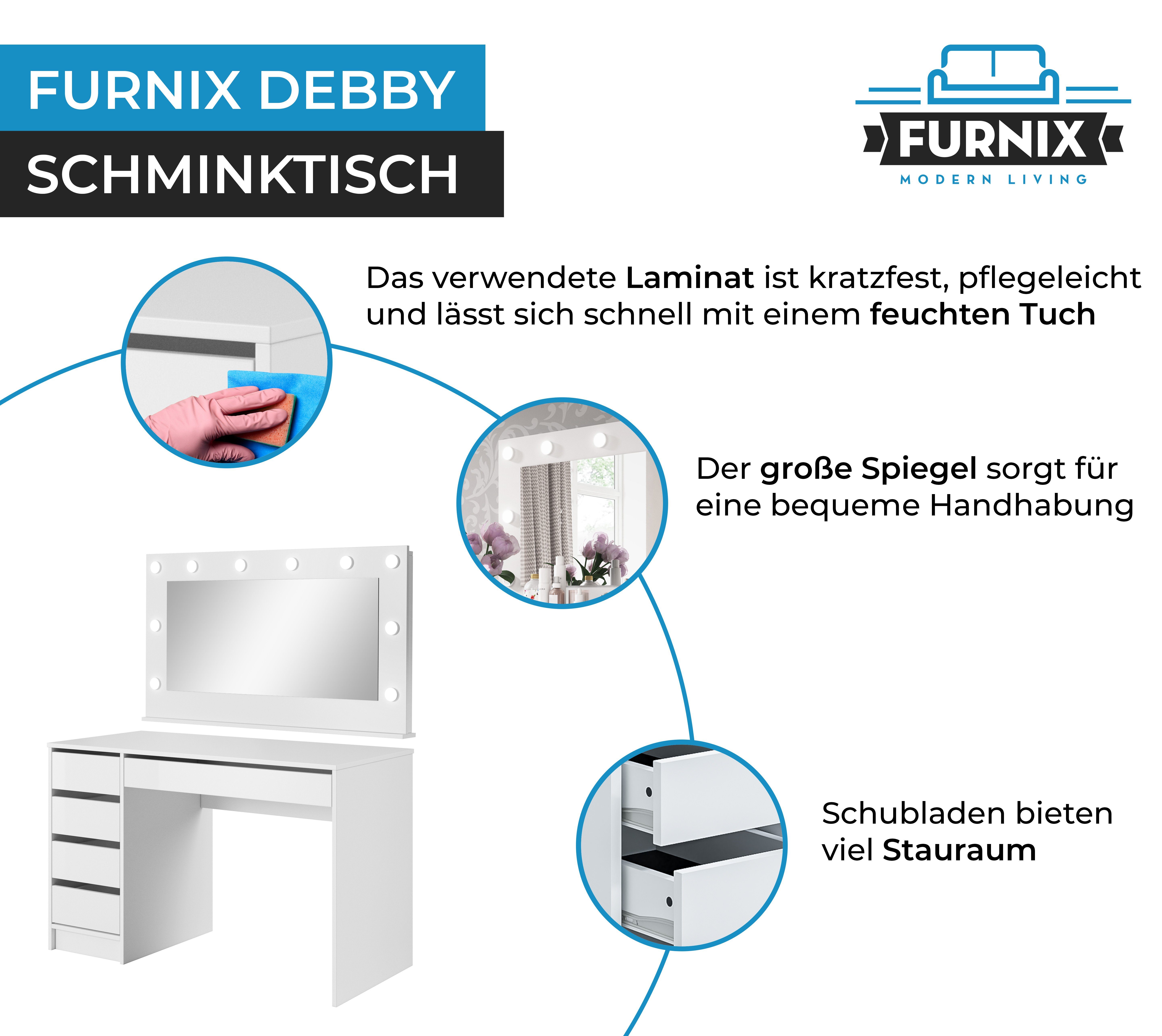 Furnix Schminktisch DEBBY Spiegel pflegeleicht, made Ablagen in LED-Beleuchtung, H75 B120 x EU Schublade cm, Weiß x ohne T55 geräumig