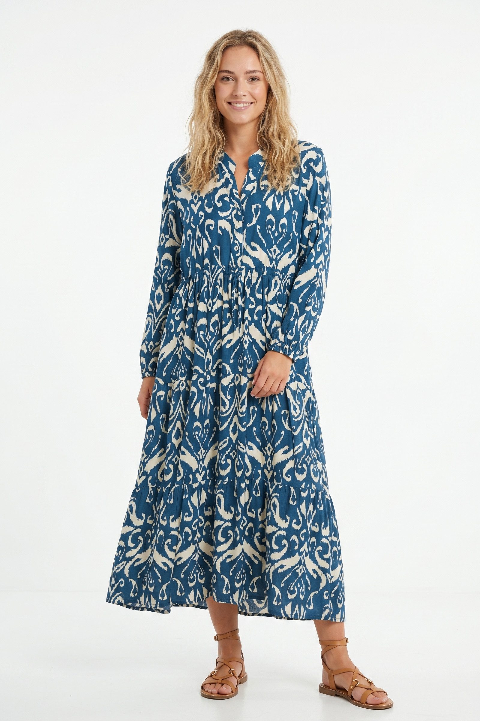 Kendindza Collection Sommerkleid Sommerkleid Damen Lang Viskose Elegantes Maxikleid lang Maxi Kleid Ikat-Print Knopfleiste & Schnurbund, Luftig Leicht