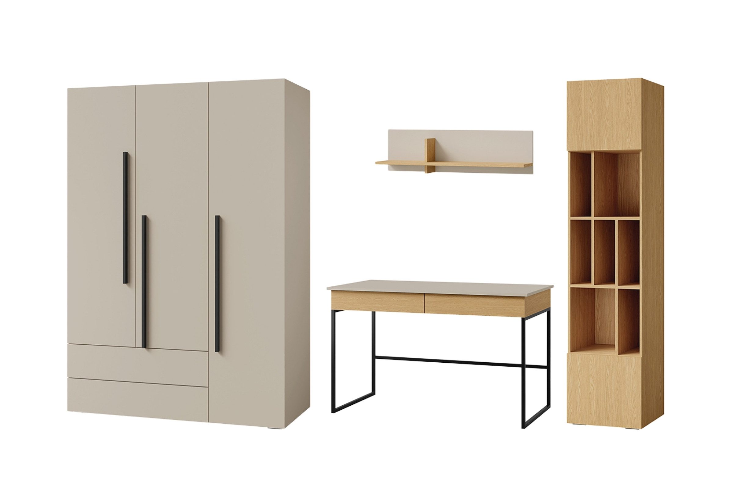 Deine Möbel 24 Jugendzimmer-Set LIMA A, 4-teilig, mit Kleiderschrank, Regal, Schreibtisch & Wandregal, (Set, 4-tlg., LIMA - Kollektion, Kinderzimmer - Set), in Kaschmir/Alpaca, Kaschmir/Eiche oder Kaschmir/Meeresblau