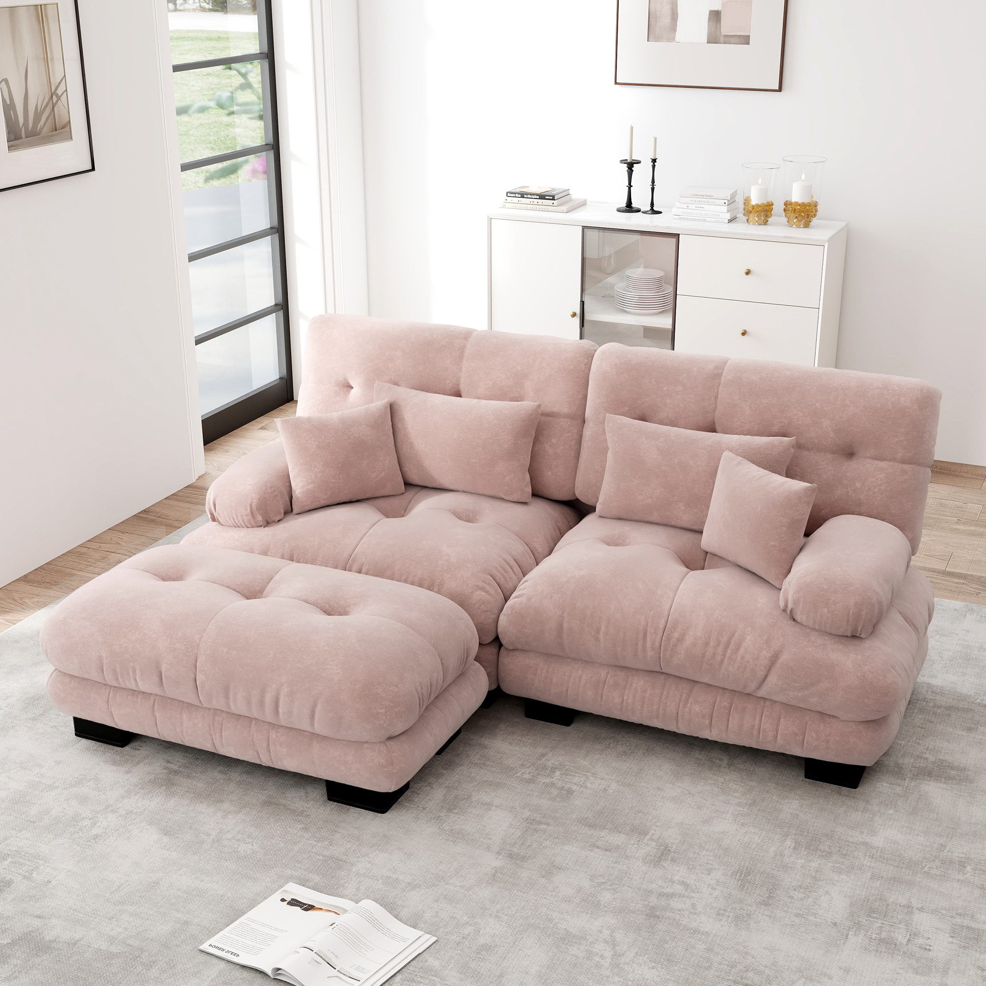 Leawin Sofa Cloud Ecksofa aus Chenille mit Ottoman & Kissen für Wohnzimmer, Wolkenweicher Sitzkomfort mit breiten Armlehnen & flexibler Form