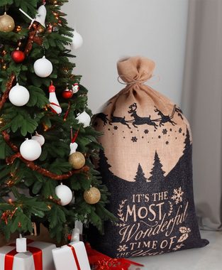 BRUBAKER Aufbewahrungstasche Weihnachtssack Most Wonderful Time of the Year - 80 cm Geschenksack (Weihnachtsmann mit Schlitten, 1-tlg), Nikolaussack Jutebeutel Sack mit Kordel zum Verpacken von Geschenken