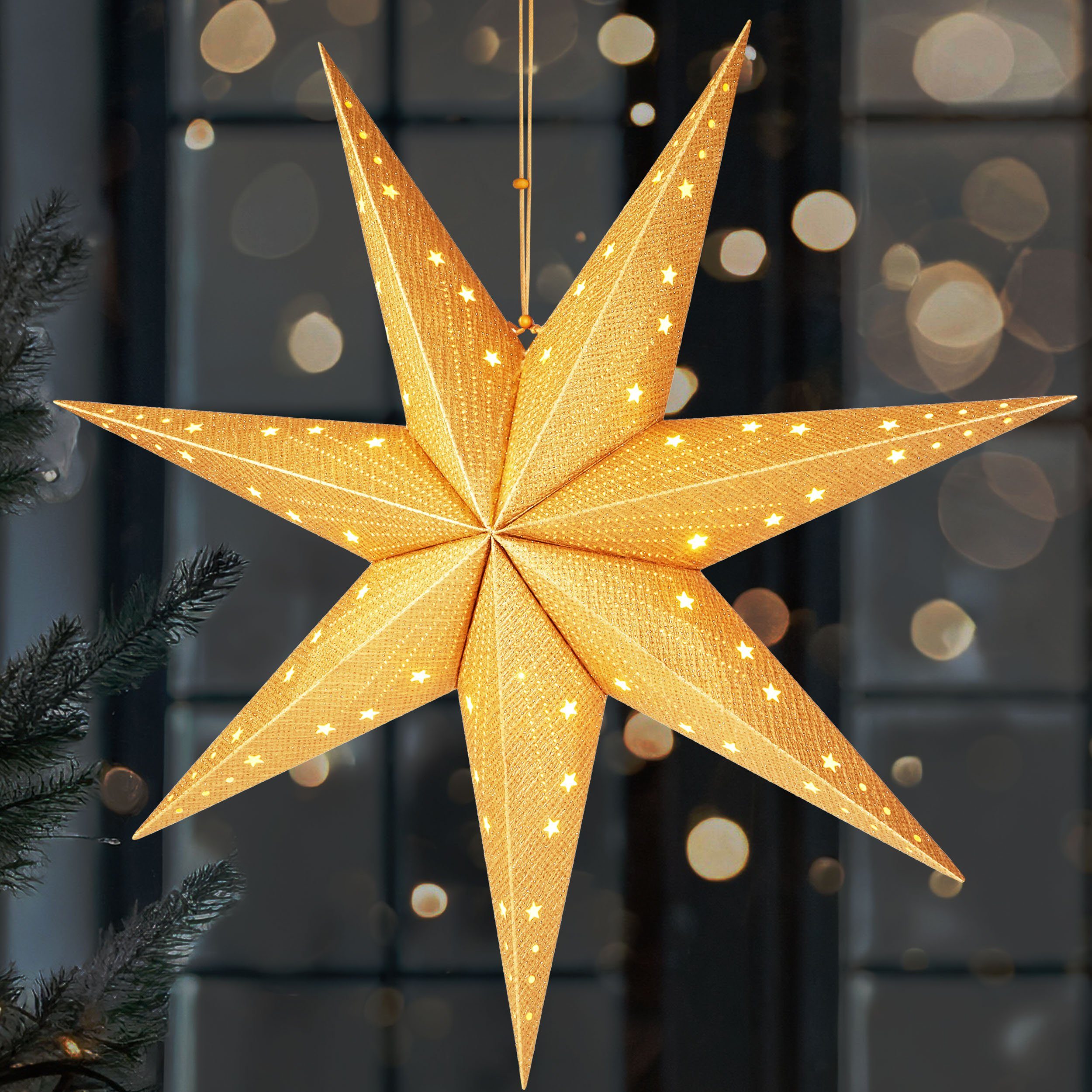 BRUBAKER LED Stern Weihnachtsstern zum Aufhängen - 60 cm Papierstern mit 7 Spitzen, Batteriebetrieben, Hängend und Beleuchtet, LED fest integriert, Warmweiß, 3D Adventsstern - Fenster Deko Leuchtstern Gold
