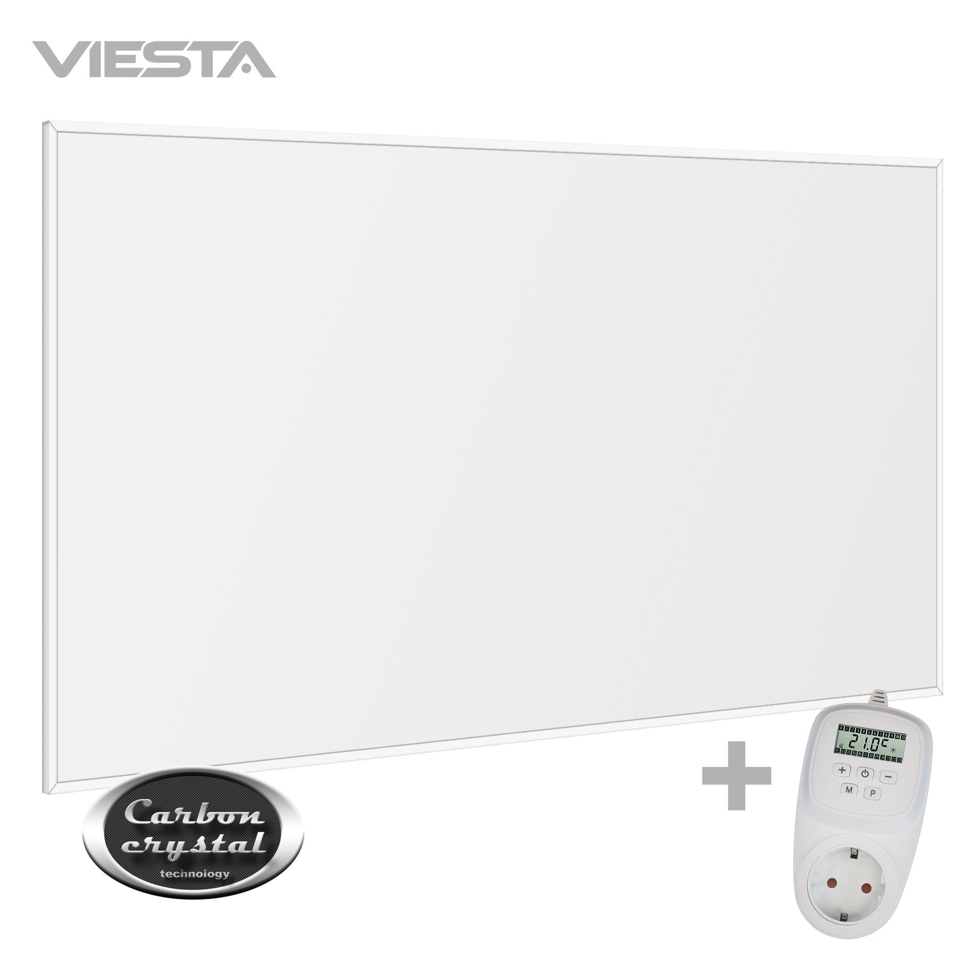 ultraflache F780 Crystal, Wandheizung F780 elektrisch, VIESTA Infrarotheizung + Heizplatte, Weiß + Carbon VIESTA infrarot TH12, Paneelheizkörper 780W, Heizpaneel TH12 Thermostat