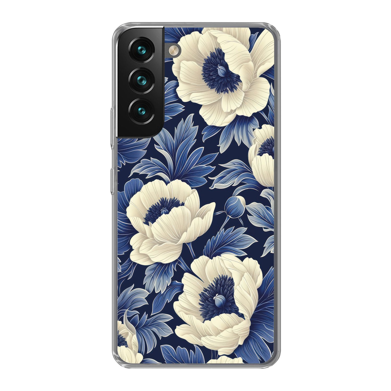 MuchoWow Handyhülle für Samsung Galaxy S22 Plus Blumen - Muster - Blau - Weiß, Phone Case, Silikon, Schutzhülle Dünn